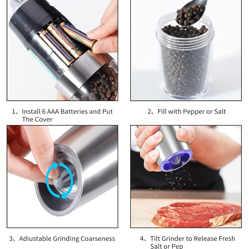 Stainless Steel Silver 2-in-1 Automatic Electric Salt and Pepper Grinder,  Battery Operated, 6 AAA