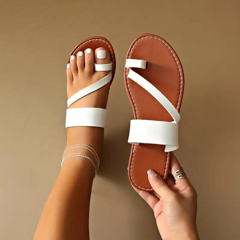 Women's Soft Sole Flat Sandals Lightweight Faux Leather Open - Temu