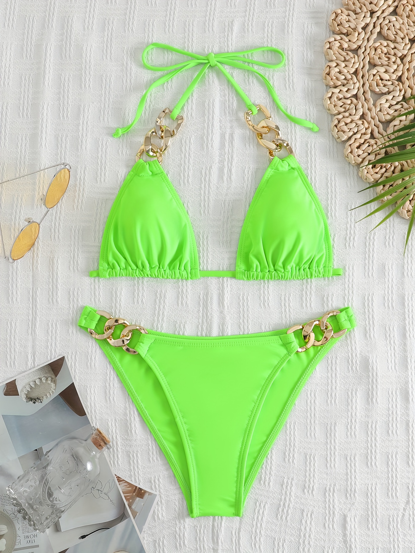 2024 Front String Tie Halter Cross T Style Bikinis Set Swimsuits Swimwear  Two Piece Bathing Suit Silver Fluorescent Green Orange