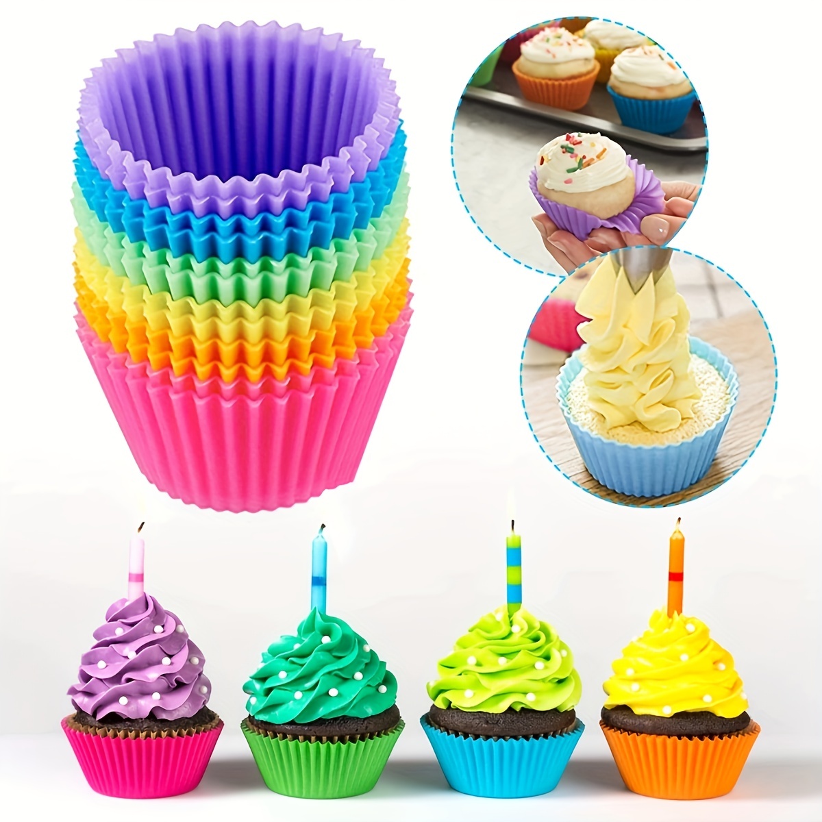 Silicone Cupcake Liners Reusable Baking Cups Nonstick Easy Clean Pastry  Muffin Molds 4 Shapes Round, Stars, Heart, Flowers, 24 Pieces Colorful 