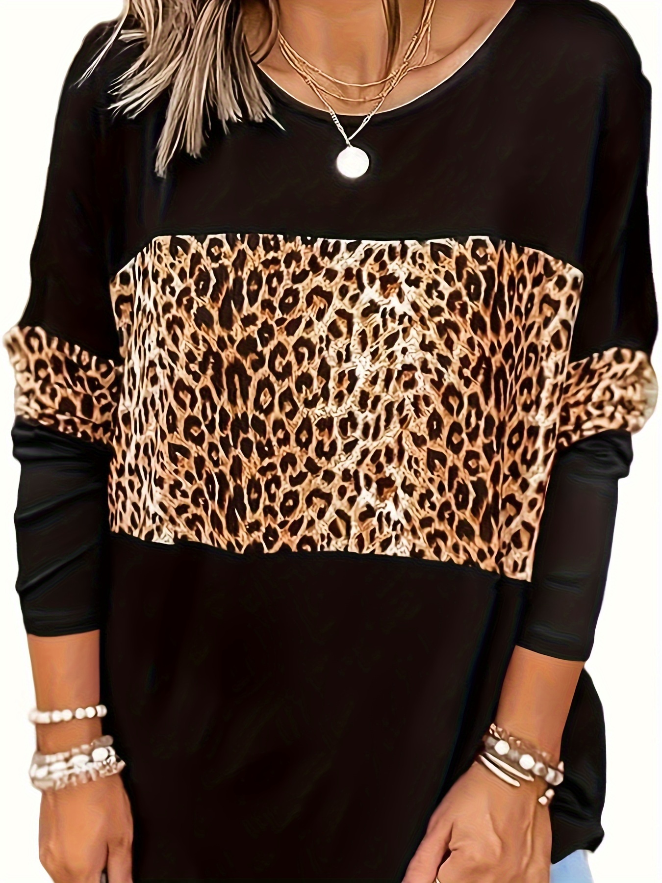 Women Plus Size Casual Leopard Print Black Long-sleeve Tee