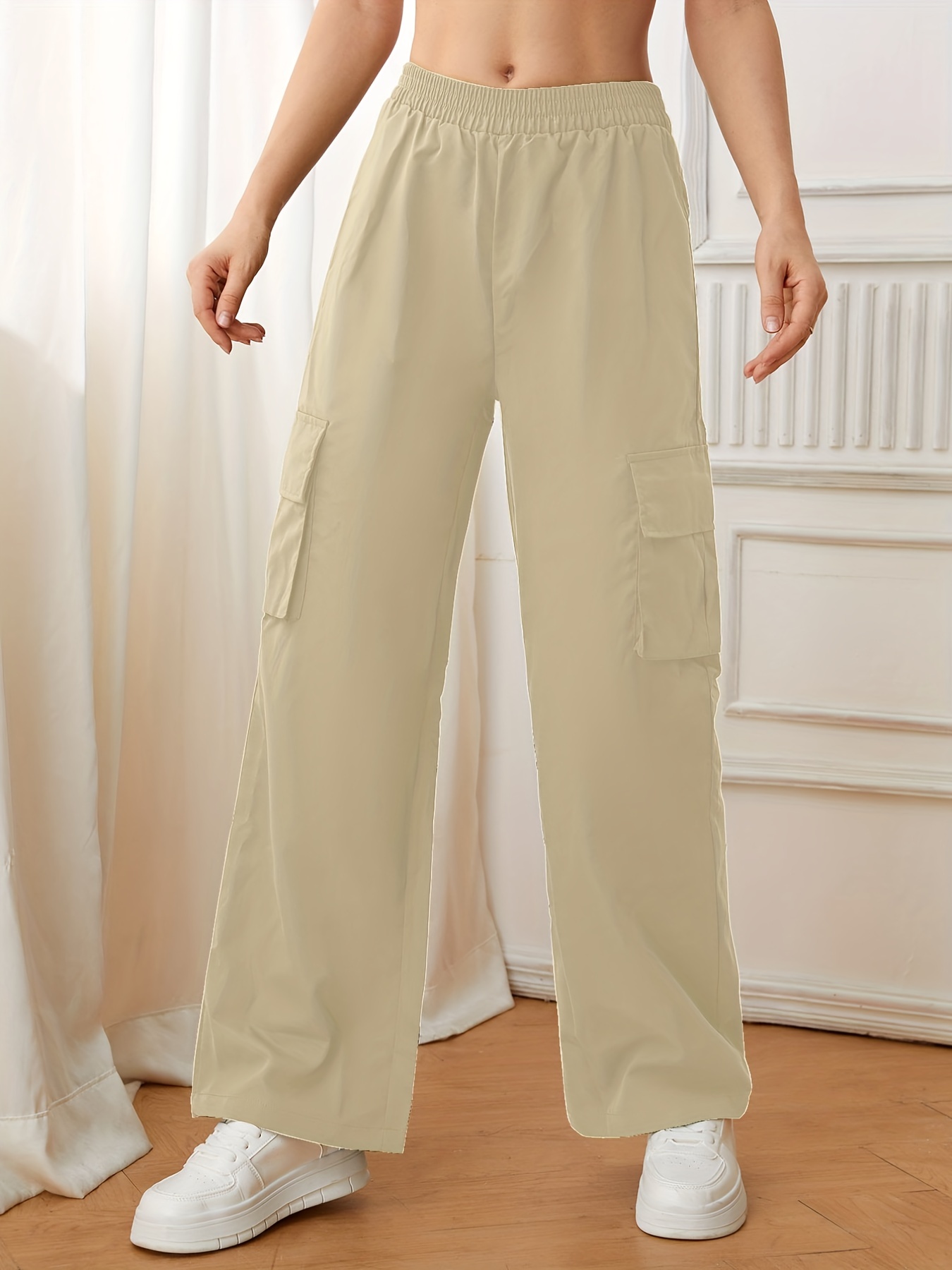 Flap Pockets Straight Leg Cargo Pants, Casual High Waist Pants, Women's  Clothing