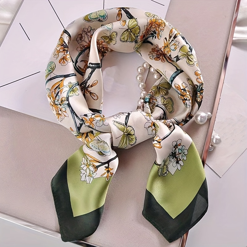 

27" Green Plant Butterfly Printed Square Scarf, Elegant Style Thin Silky Neck Scarf, Spring Summer Outdoor Sunscreen Headscarf For Women