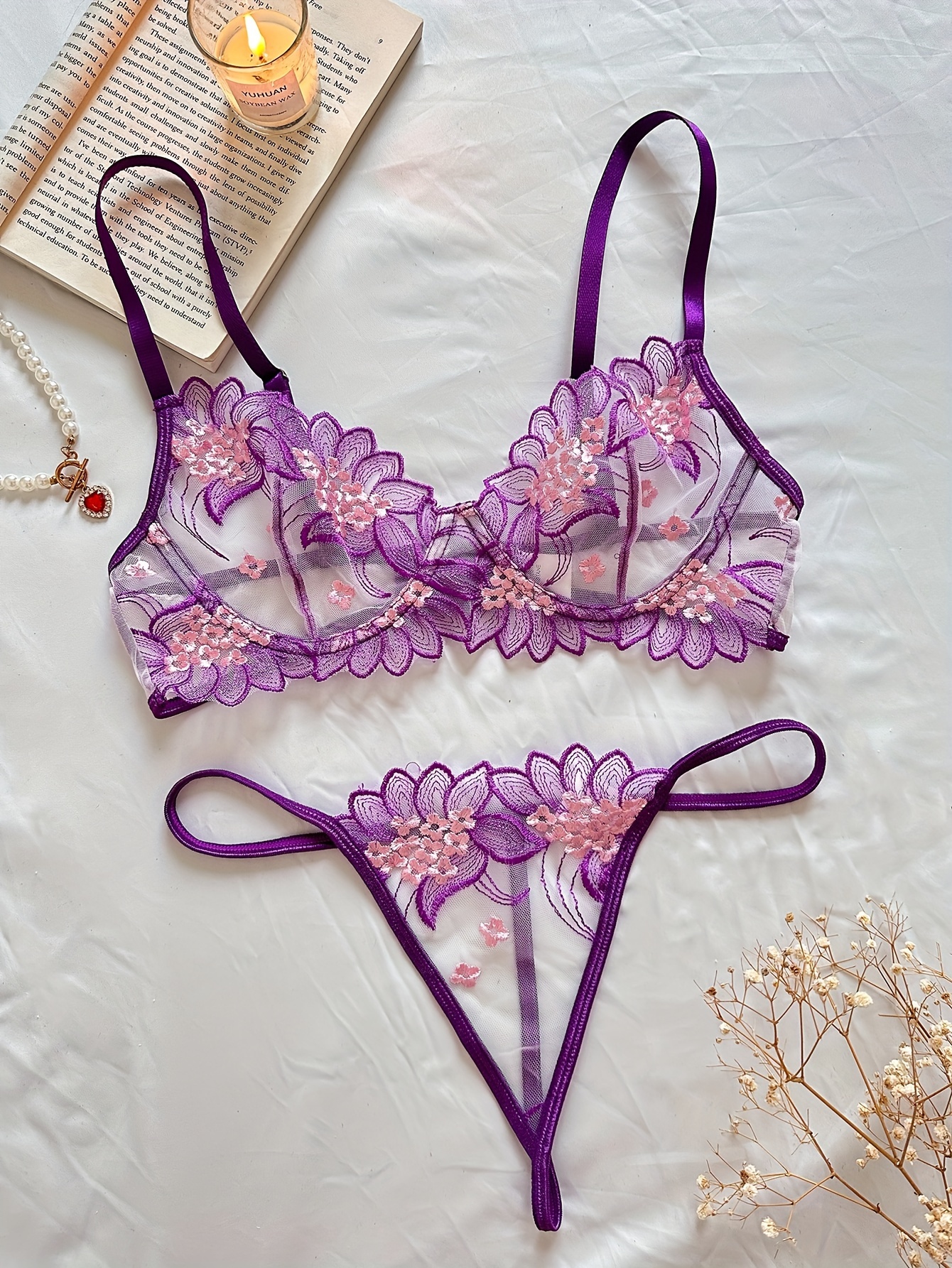 Buy LotusLeaf Women's Floral Lace Satin Wirefree Padded Honeymoon Lingerie Bra  Panty Set (Purple,36C) at