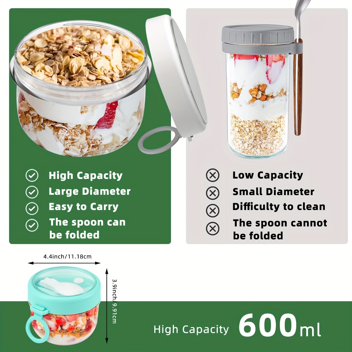 Overnight Oats Containers with Lids, 20oz Portable Overnight Oats Jars with  Spoons, Leak-proof Plastic Yogurt Jars, Oatmeal Container for Yogurt