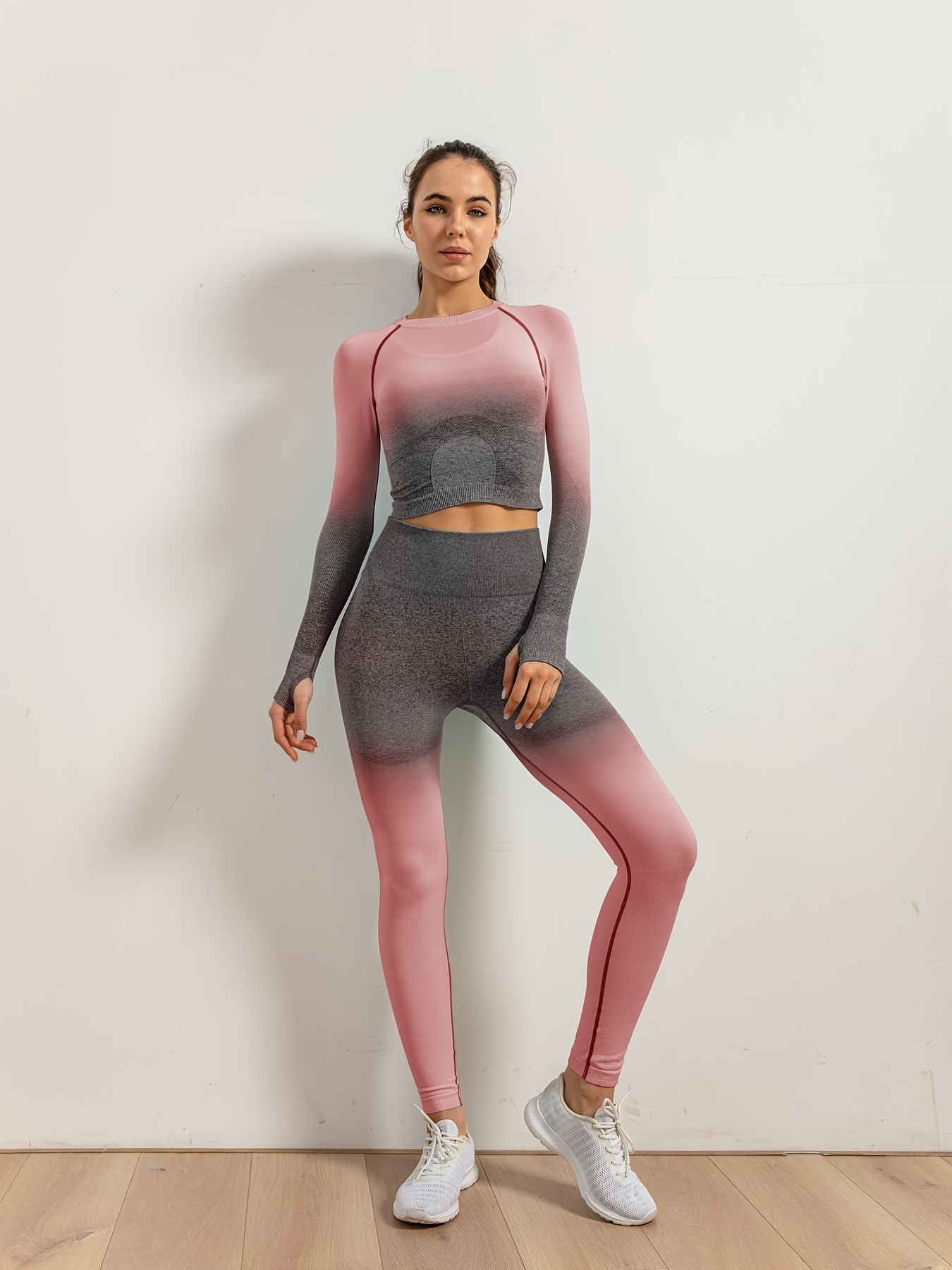 Pack of 3 - Sheer Thumbhole Long Sleeves Top and Sports Bra with Sport  Waistband Leggings