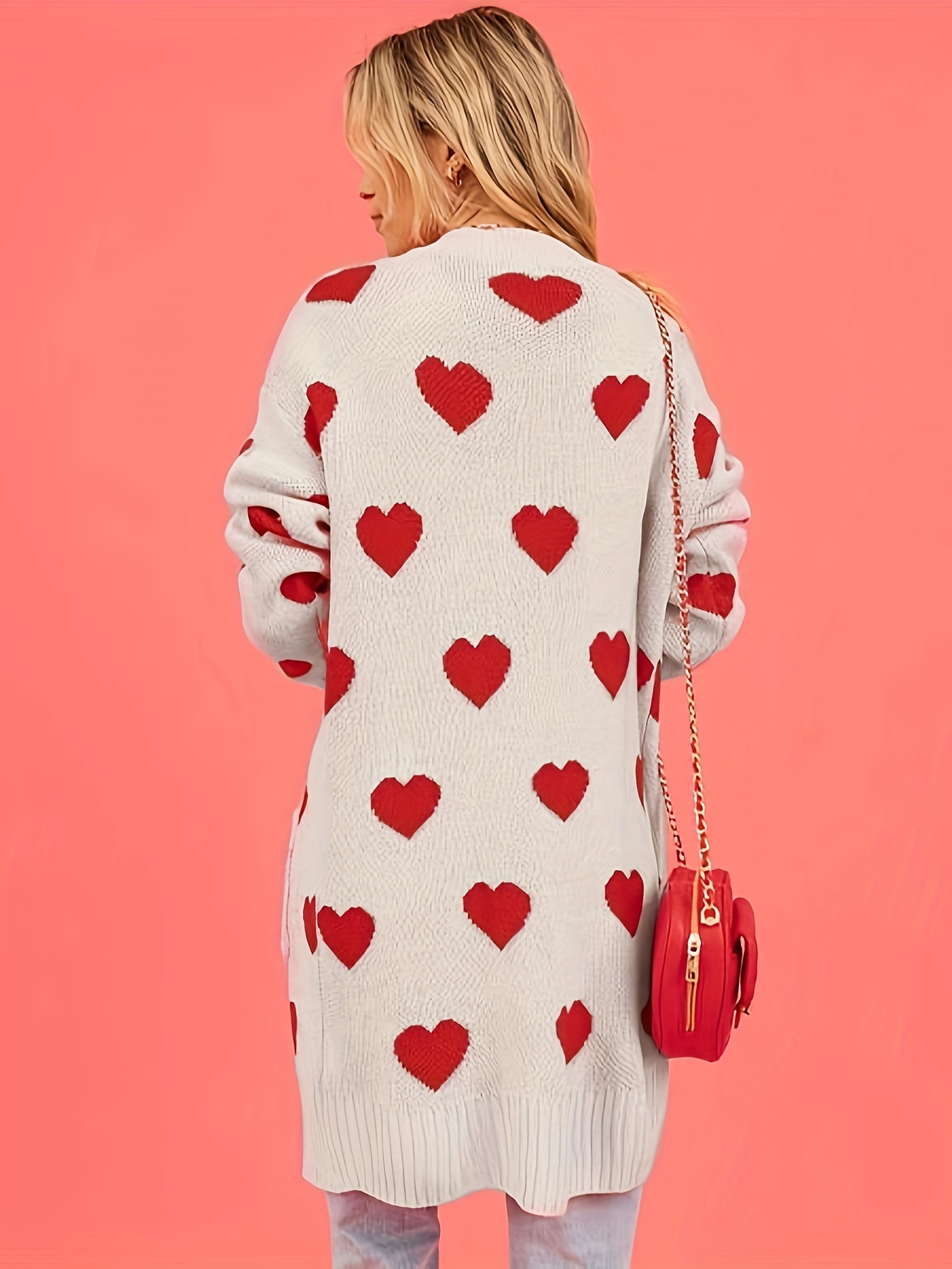 Valentine's Day Heart Pattern Cardigan Sweet Open Front Long - Temu