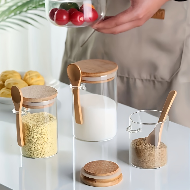 1pc Round Glass Airtight Jar, Seasoning Jars with Bamboo Lids and Spoon,  Food Storage Containers for Sugar Coffee Nuts, Glass Kitchen Canisters for  Flour, Cookies, Candy, Matcha Tea, Nuts and Spice Jars