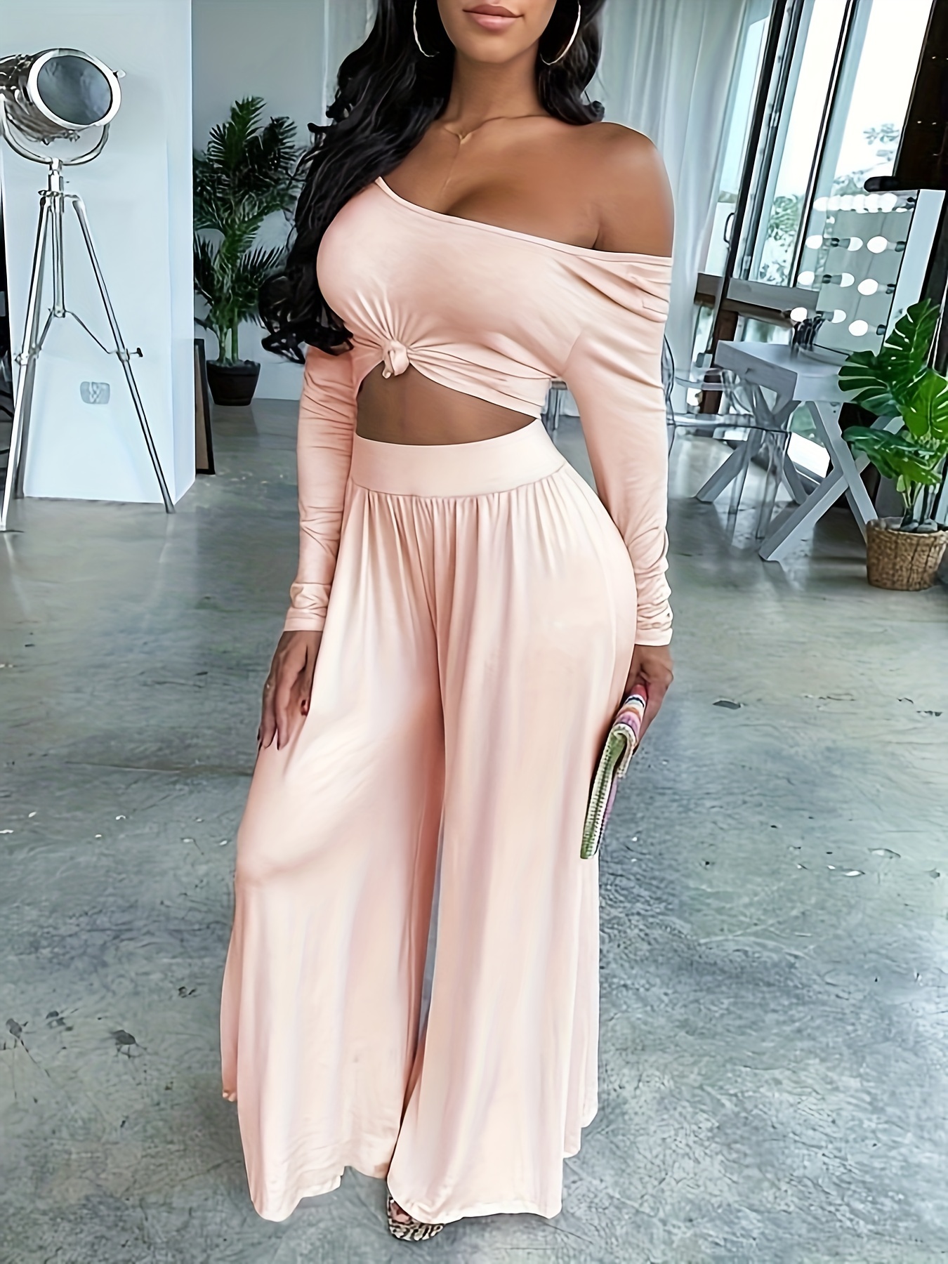 Christmas Gifts Deals for Days,Mchoice Wide Leg Pant Suits for Women  Elegant 2 Piece Solid Outfits Long Sleeve Crop Top High Waist Long Pants  Workout