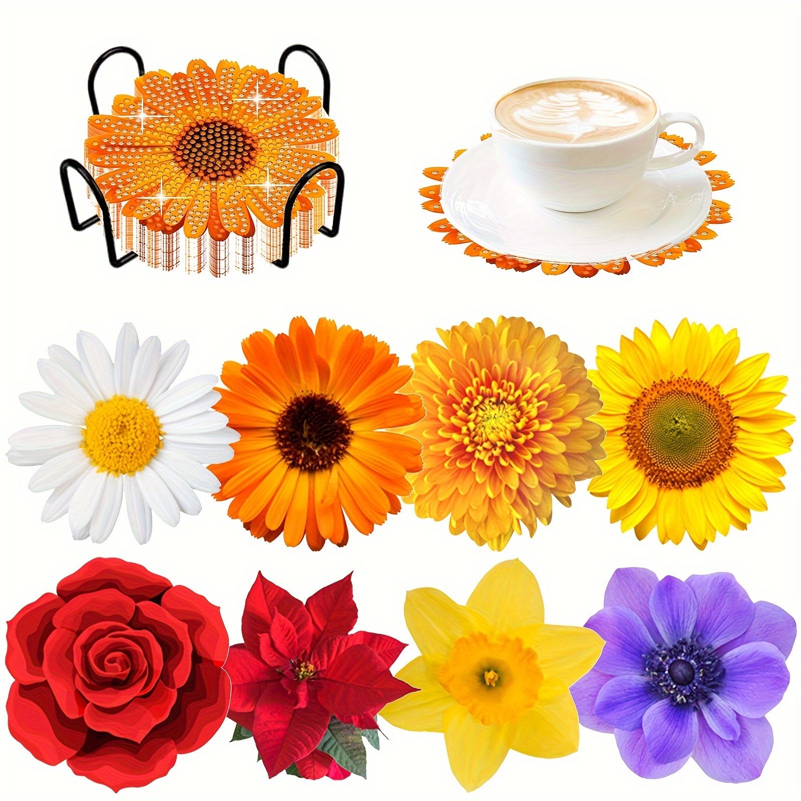 WINMIND 12 Pcs Floral Diamond Art Painting Coasters Kits with Holder  Colorful Flowers Daisy Sunflower Diamond Painting Coasters Kits for  Beginners