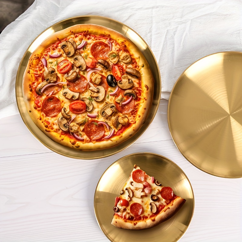 

1pc/2pcs, Golden Pizza Plates, Stainless Steel Dinner Plate, Round Golden Tray, Food Serving Plate, For Home Kitchen, Restaurant, Party Use