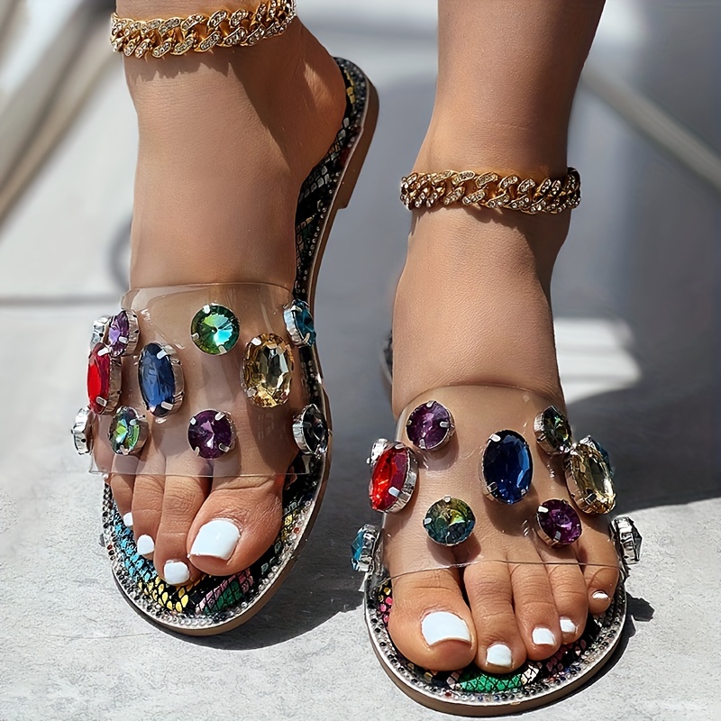 Women s Rhinestone Decor Slides Open Toe Round Toe Temu