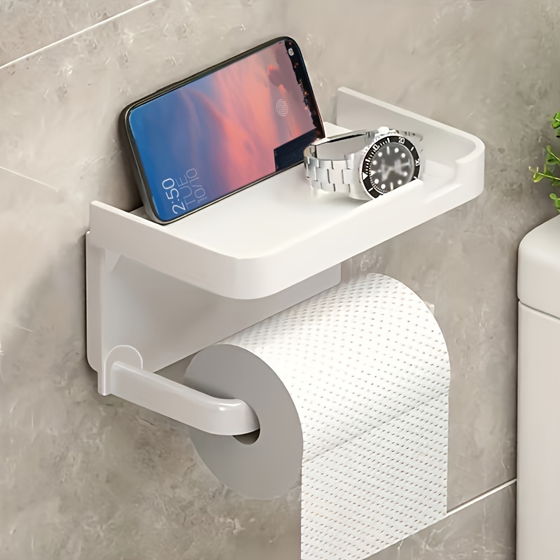 Self Adhesive Toilet Paper Holder with Phone Shelf, Wall Mounted Toilet  Paper Roll Holder, Rustproof Bathroom Washroom Tissue Roll Holder with  Shelf