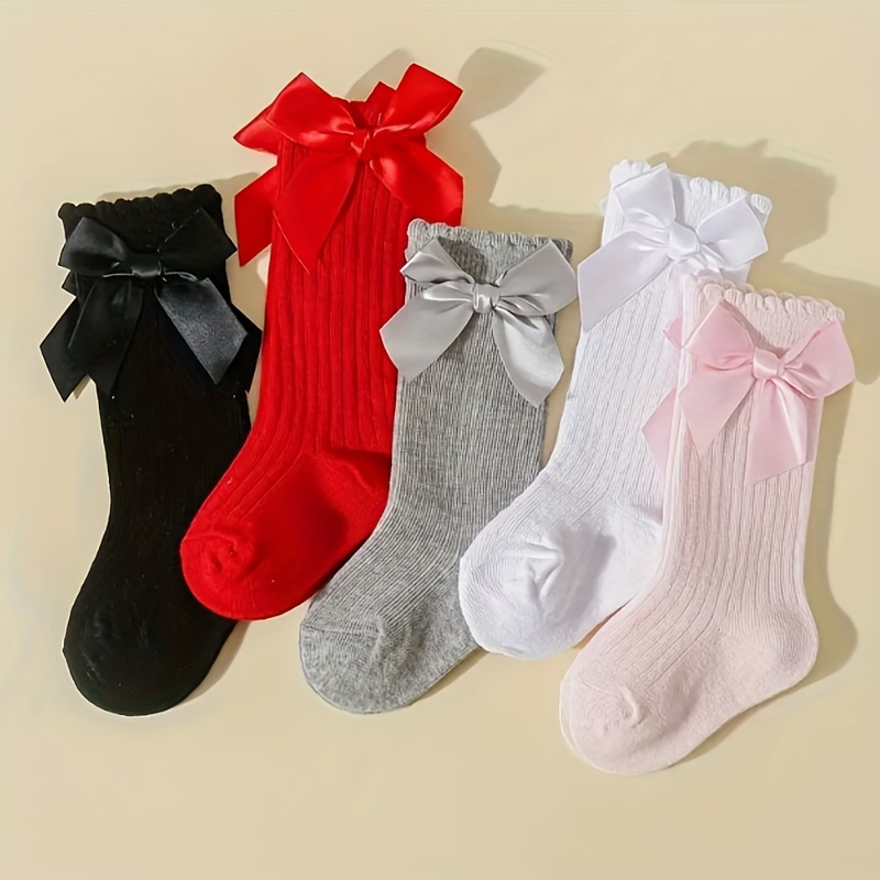 

5 Pairs Of Baby Girl's Solid Over The Knee High Socks With Bowknot, Comfy Breathable Soft Leggings