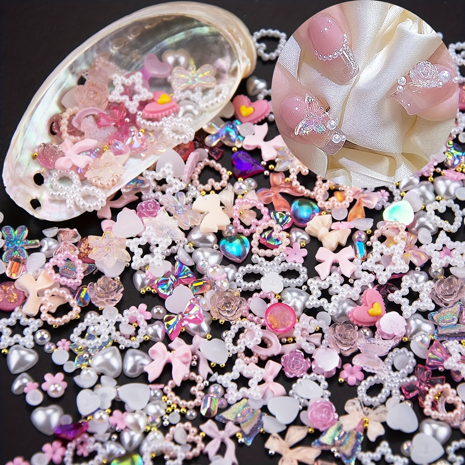 500Pcs Creamy-White Nail Charms Half Pearls Mixed Styles Heart Bowknot Star  Beads Assorted Rhinestones Pearls for Nails Cute 3D Nail Charms for Nail