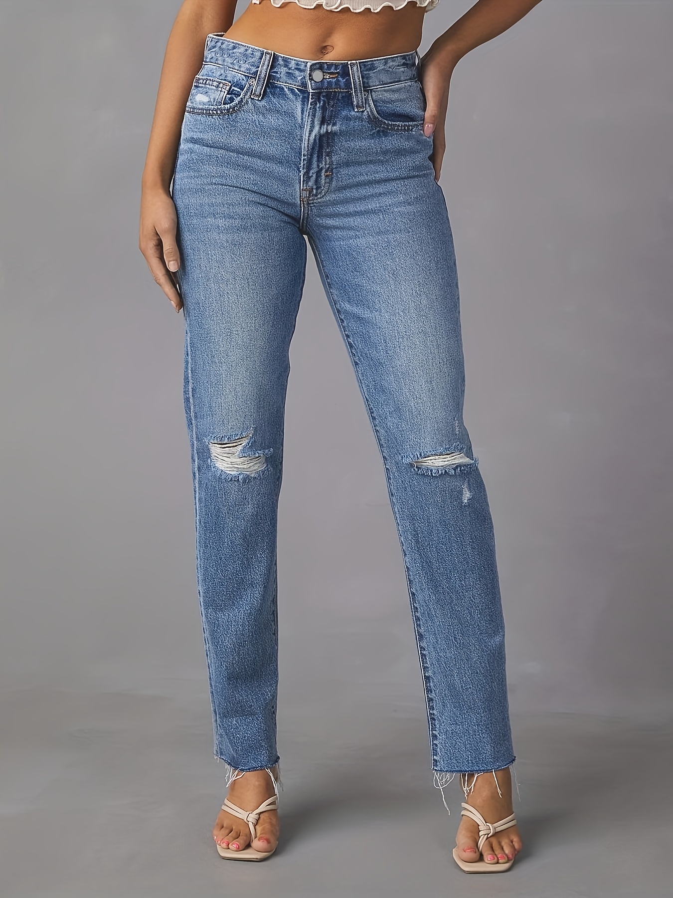 Blue Ripped Holes Skinny Jeans Slim Fit Slash Pockets Slight - Temu United  Arab Emirates