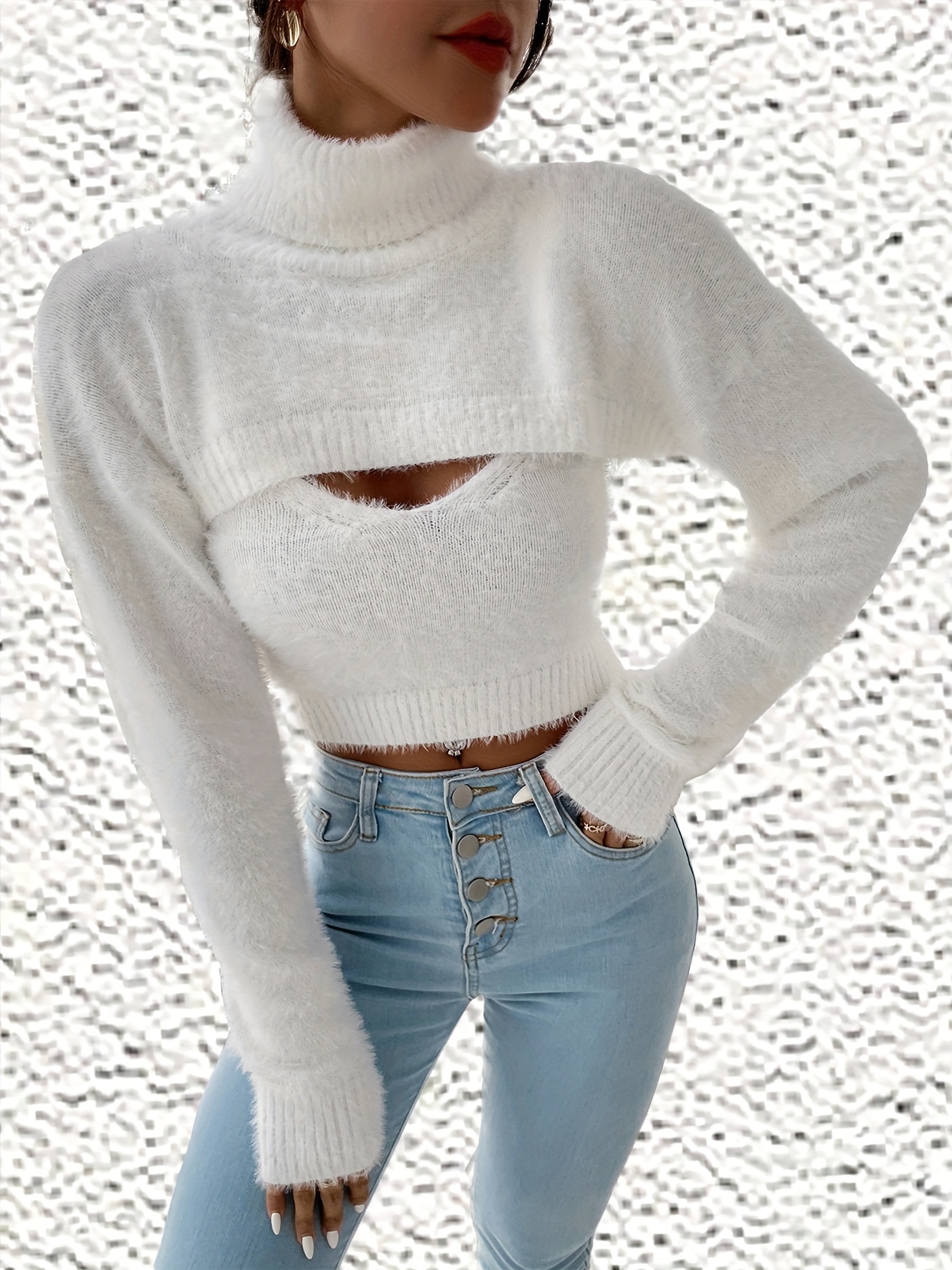 Solid crop fluffy knit sweater & pants set