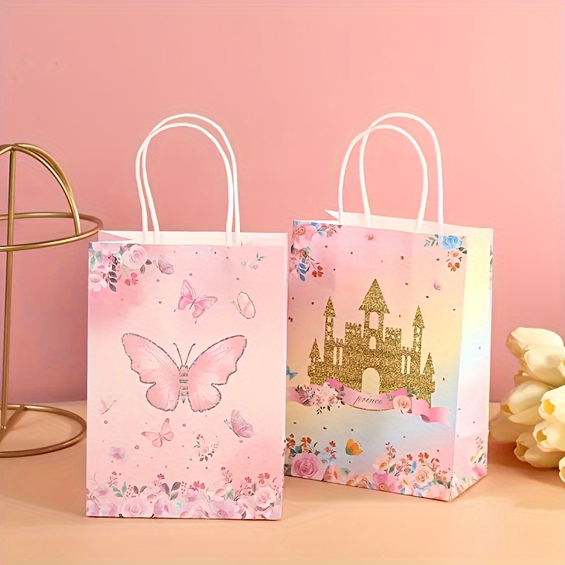 16 bolsas de regalo de fiesta para niña, bolsas de regalo de princesa rosa  con asas, bolsas de regalo de papel para fiesta de princesa, bolsas de