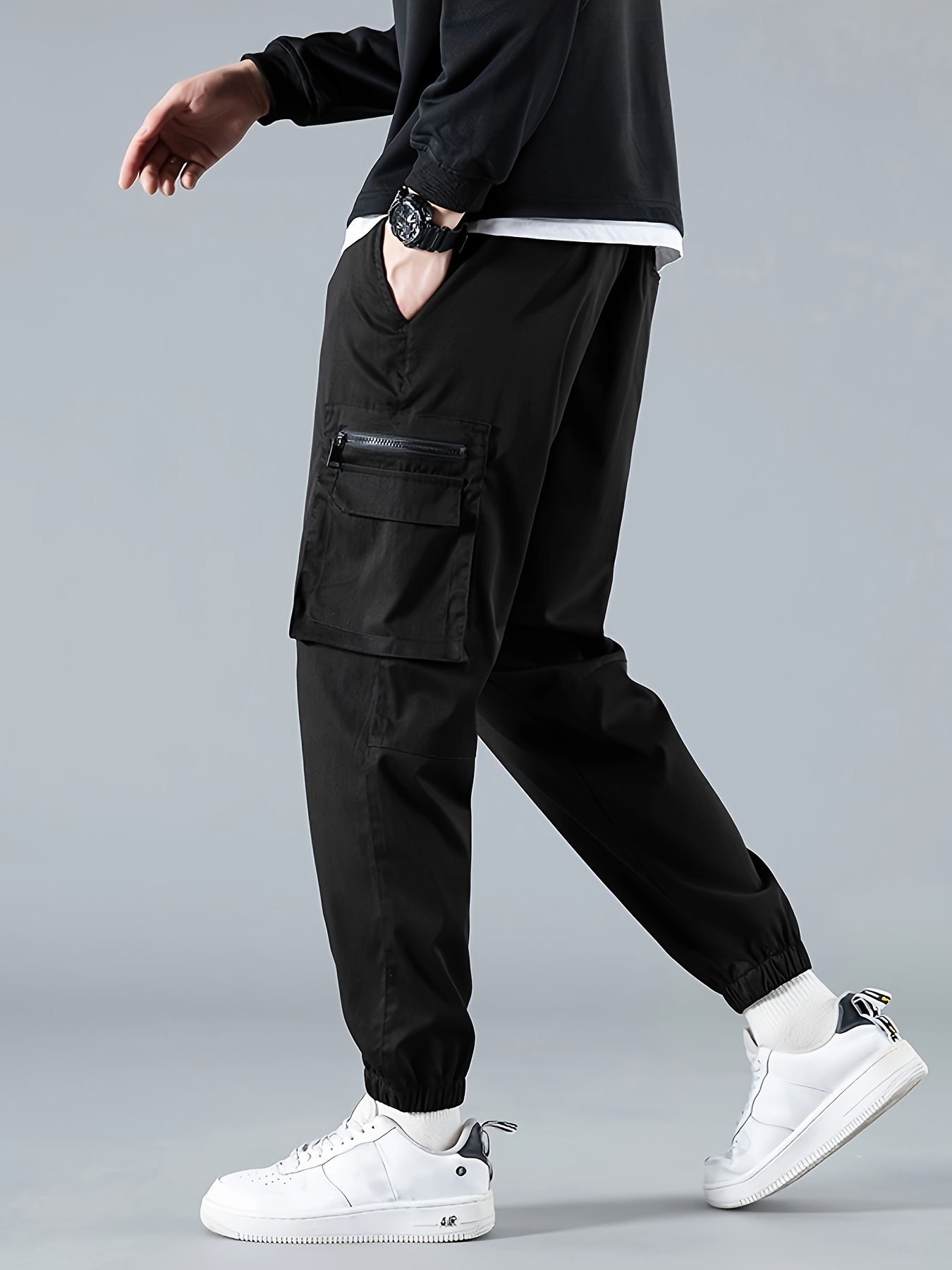 Men's new black multi-pocket pants with drawstring design hip-hop street  style loose casual cargo pants