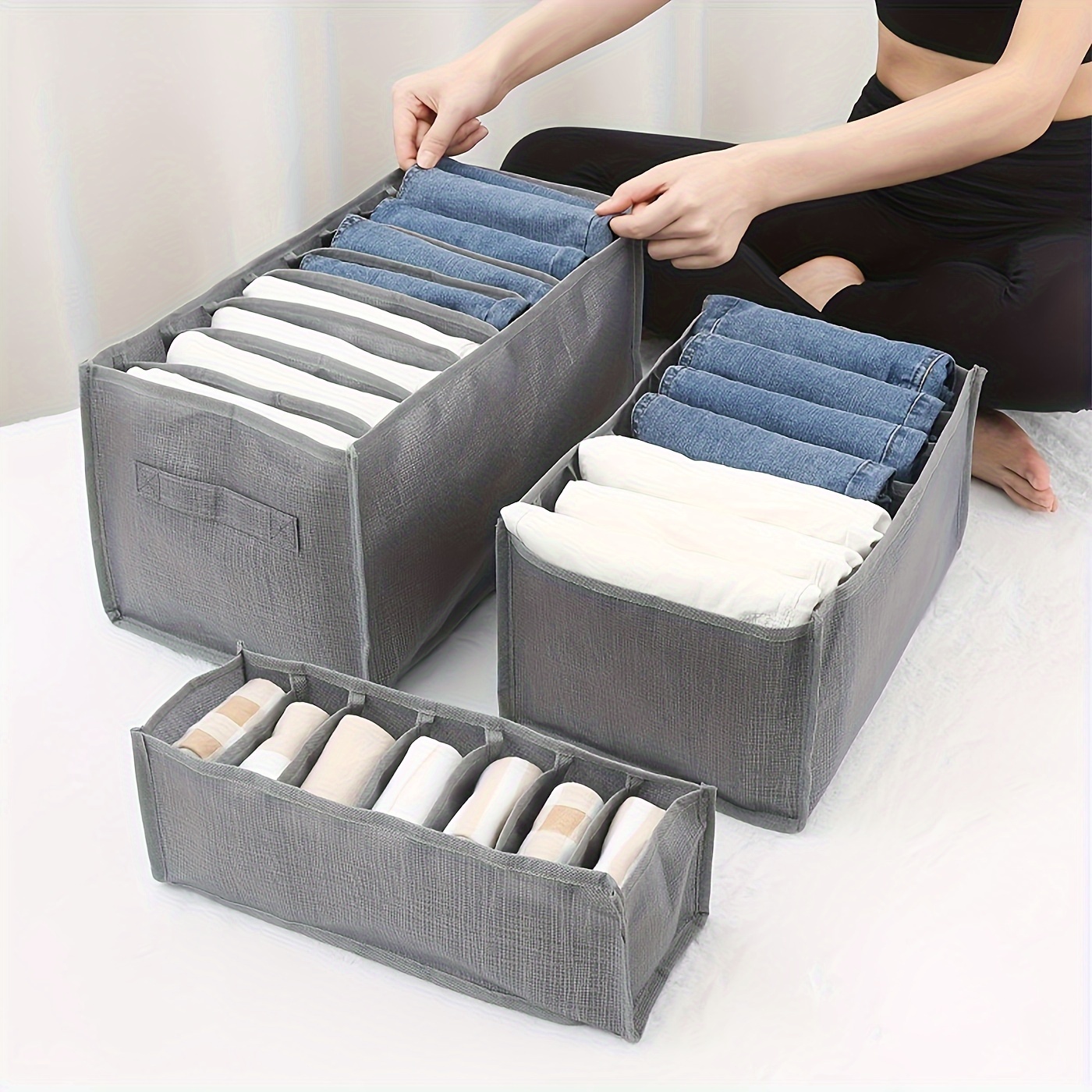 Organizador de ropa de armario lavable con 7 rejillas, 3 unidades, caja de  almacenamiento con compartimento para jeans, organizador de cajones de