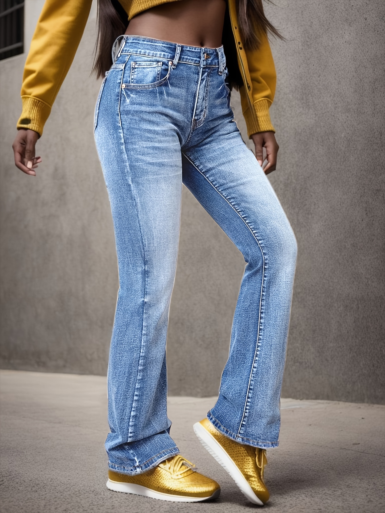 blue water ripple embossed flare jeans high waist high stretch washed denim trousers womens denim jeans clothing details 2