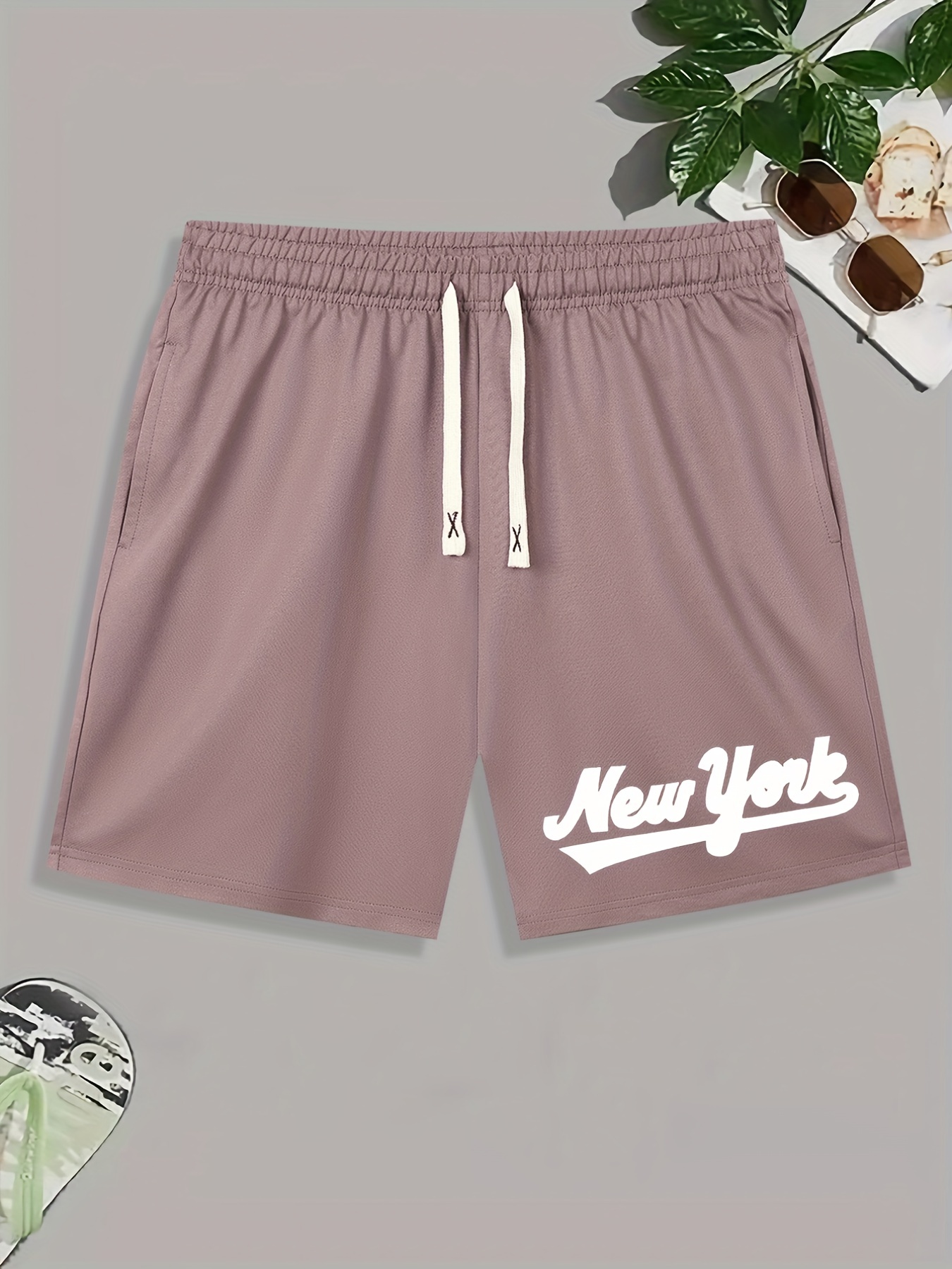 new York'' Print, Men's Comfy Loose Drawstring Shorts, Male Summer