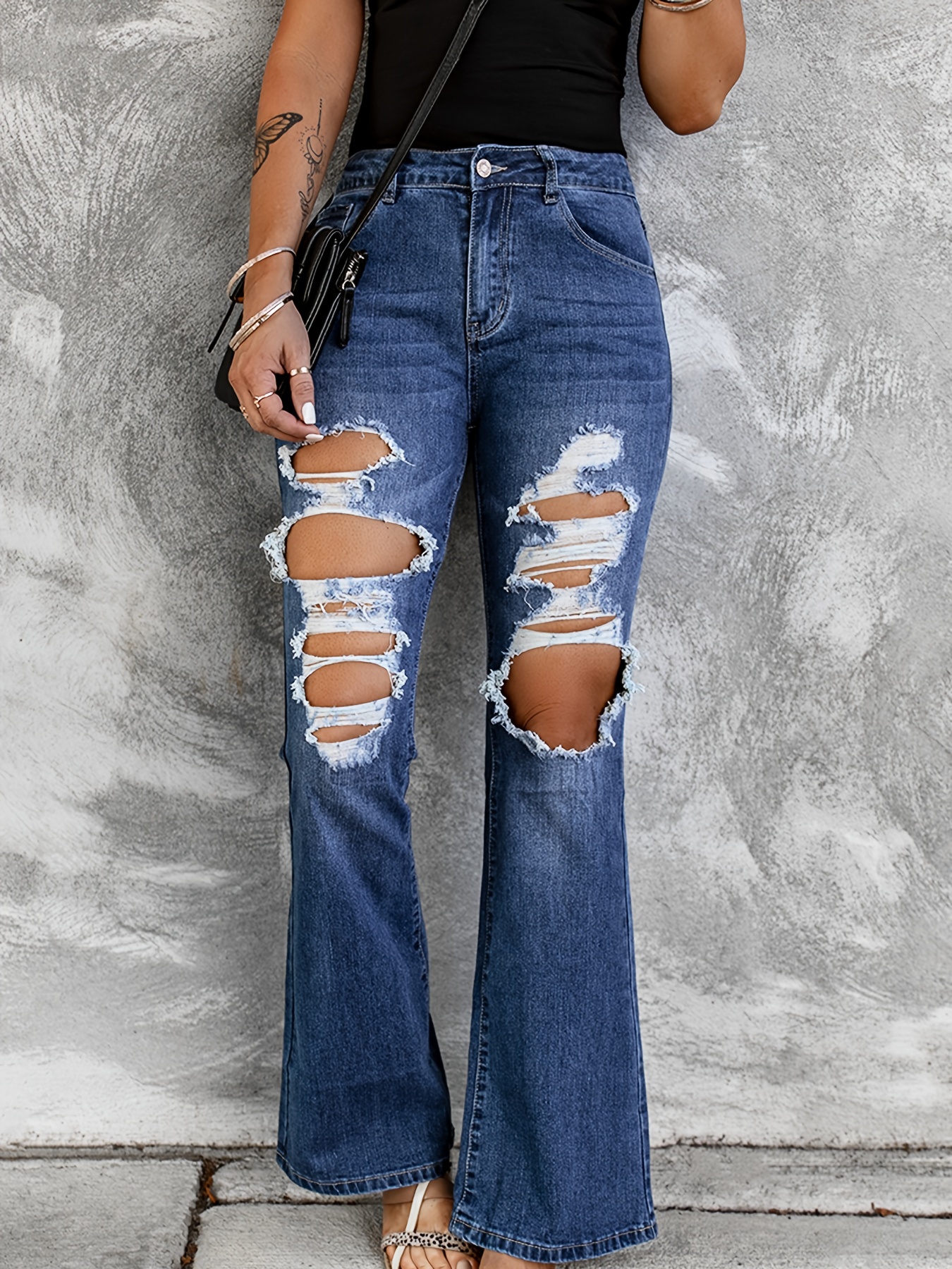 Ripped Cut Front Destroyed Distressed Bell Bottom Shape Wide