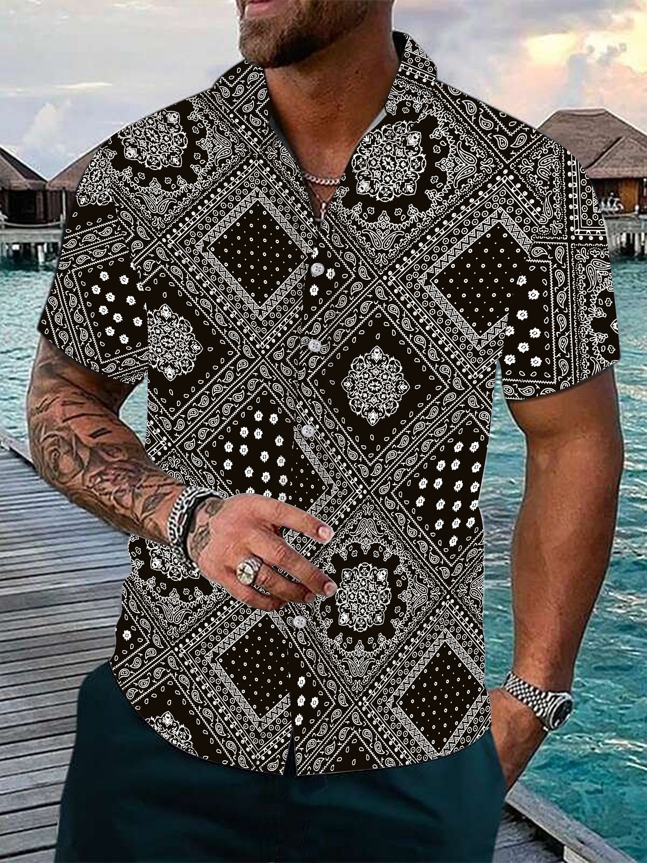 Men's Shirt Top, Retro Bandana Pattern Camp Collar Bowling Shirts Short  Sleeves Closure Summer Hawaiian Shirt Male Casual Button Up Shirt For Daily  Vacation Resorts Beach Shirts For Men - Temu