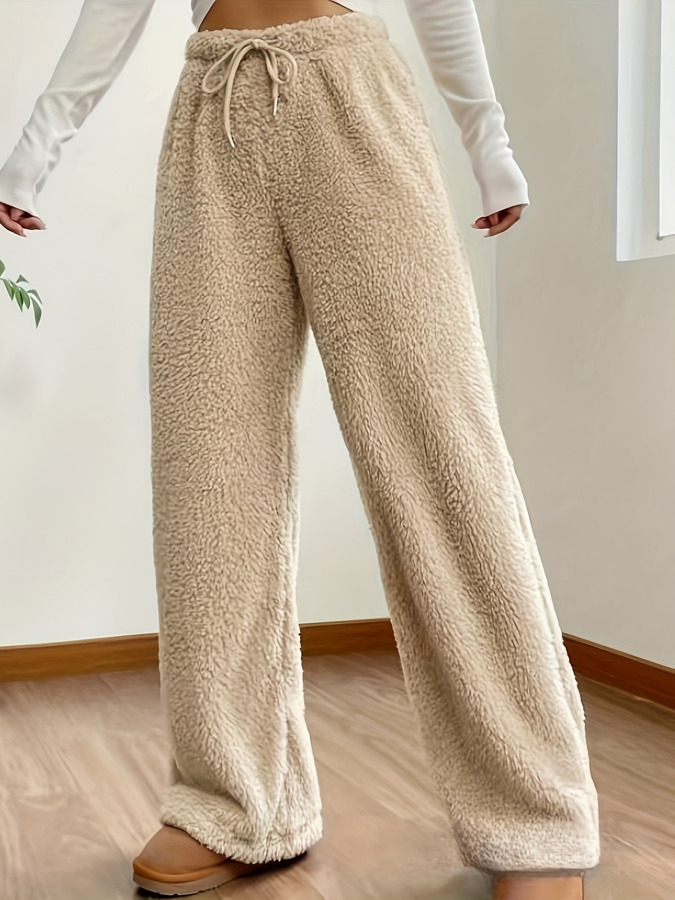 Solid High Waist Fuzzy Pants, Elegant Wide Leg Drawstring Pants, Women's Clothing