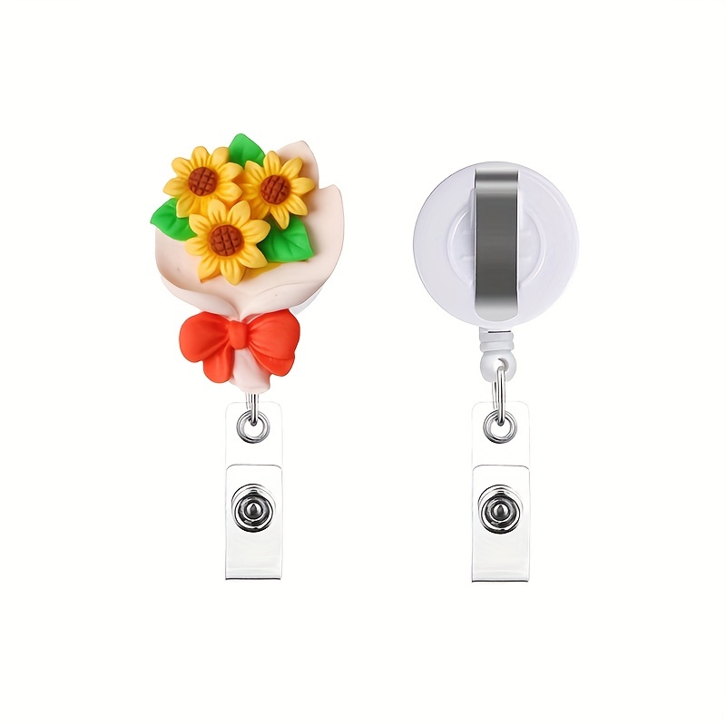 Cute Flower Card Cover Buckle Cartoon Badge Reel Name Tag Clip ID Card Holder, Creative Retractable ID Badge Holder for Office, School,Temu