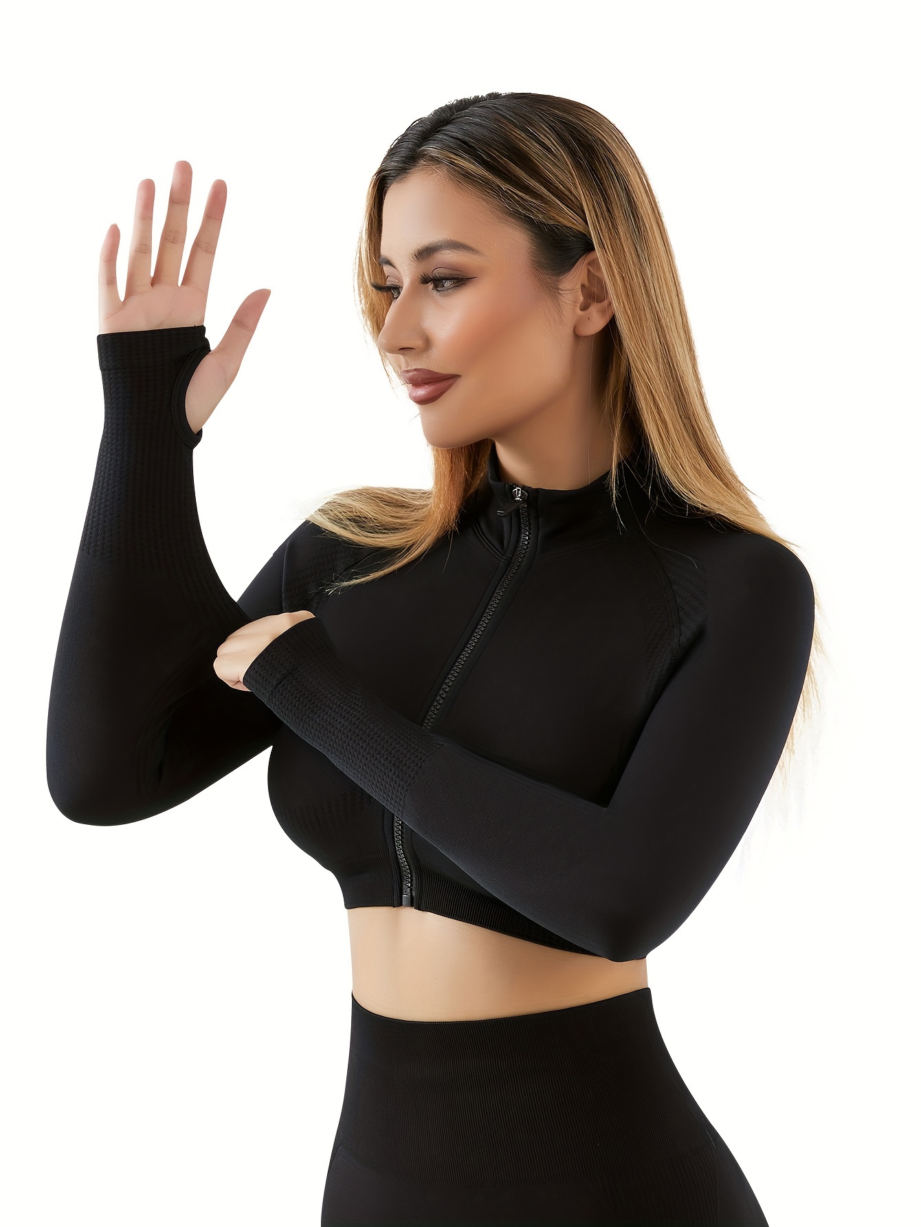 Women's Long Sleeve Sports Zipper Crop Top With Thumb Hole, Solid Color  Workout Running Fitness Yoga Shirts, Women's Activewear