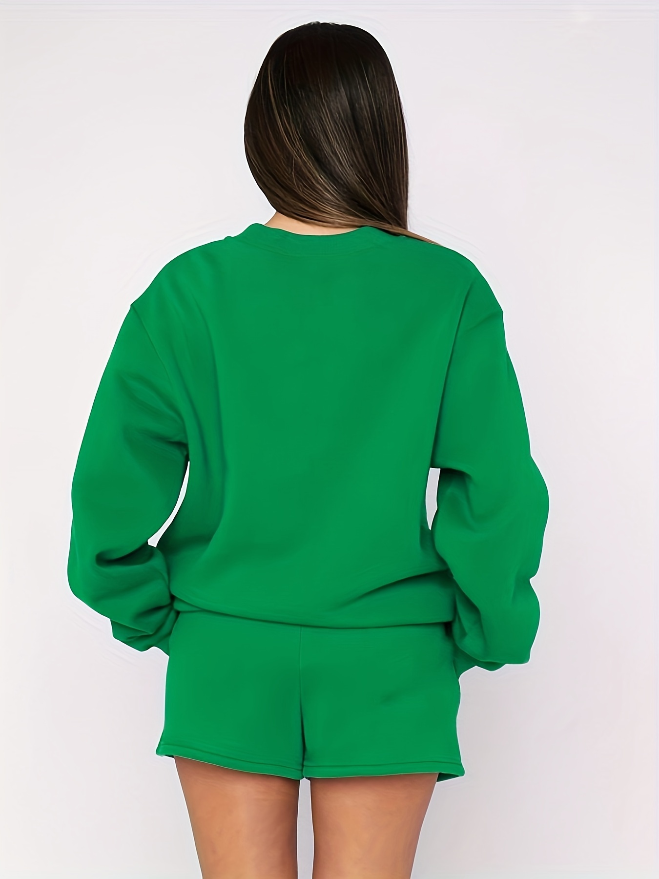 Solid Sweatshirt & Drawstring Shorts Set Women's Outfit