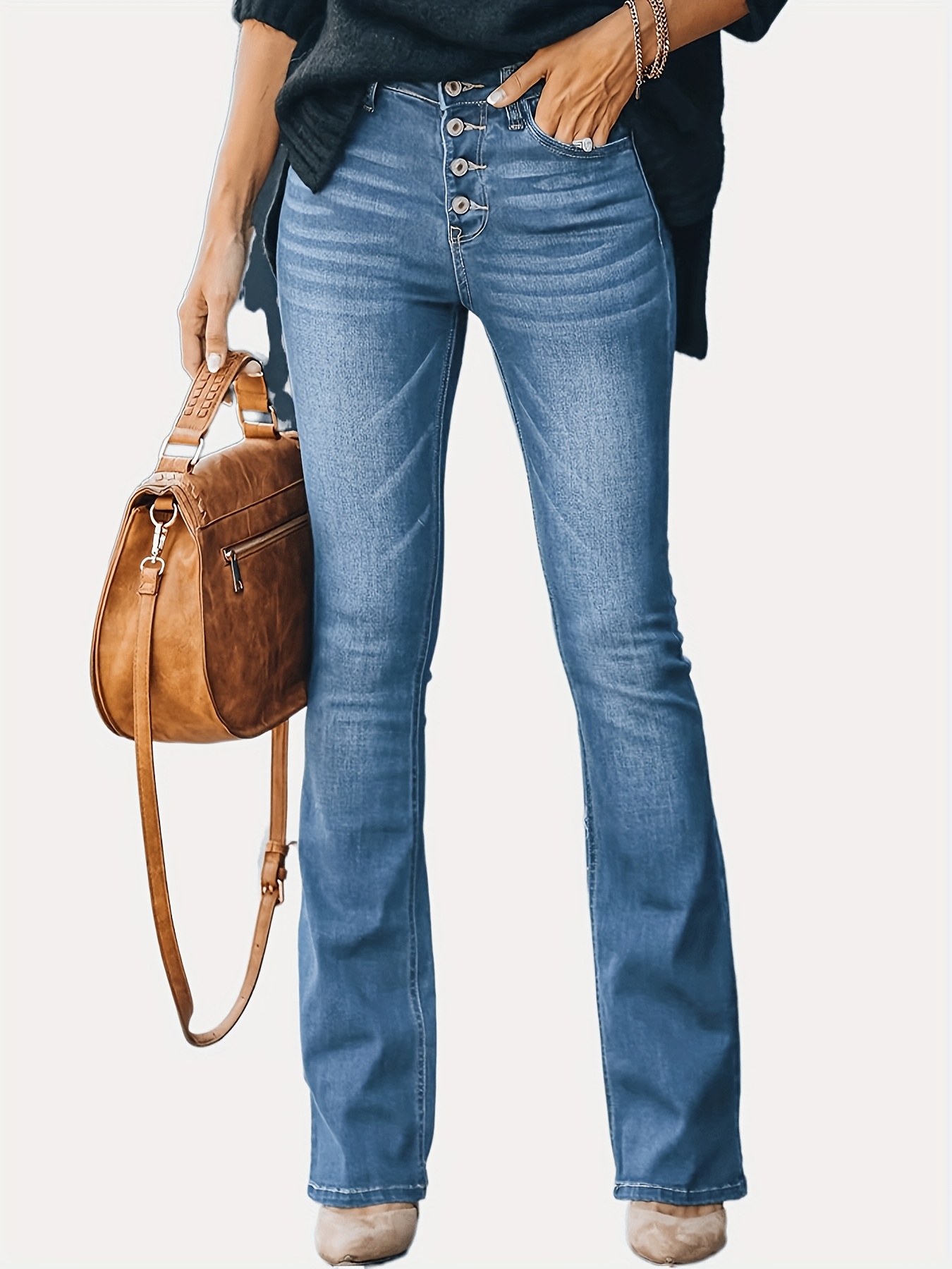Embossed Button Bell Bottom Jeans Slim Fitting Bootcut Pants