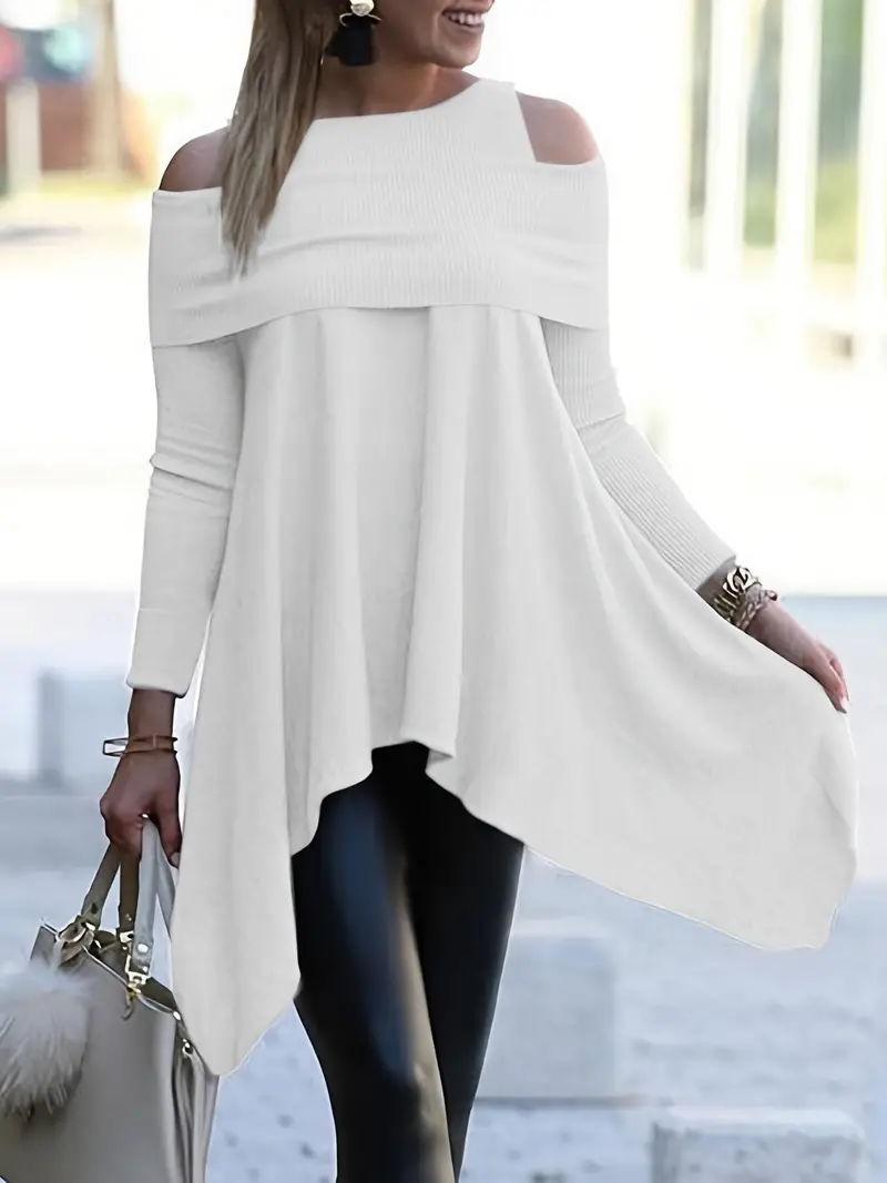 cold shoulder asymmetrical tunics casual crew neck ruched solid tunics womens clothing details 10