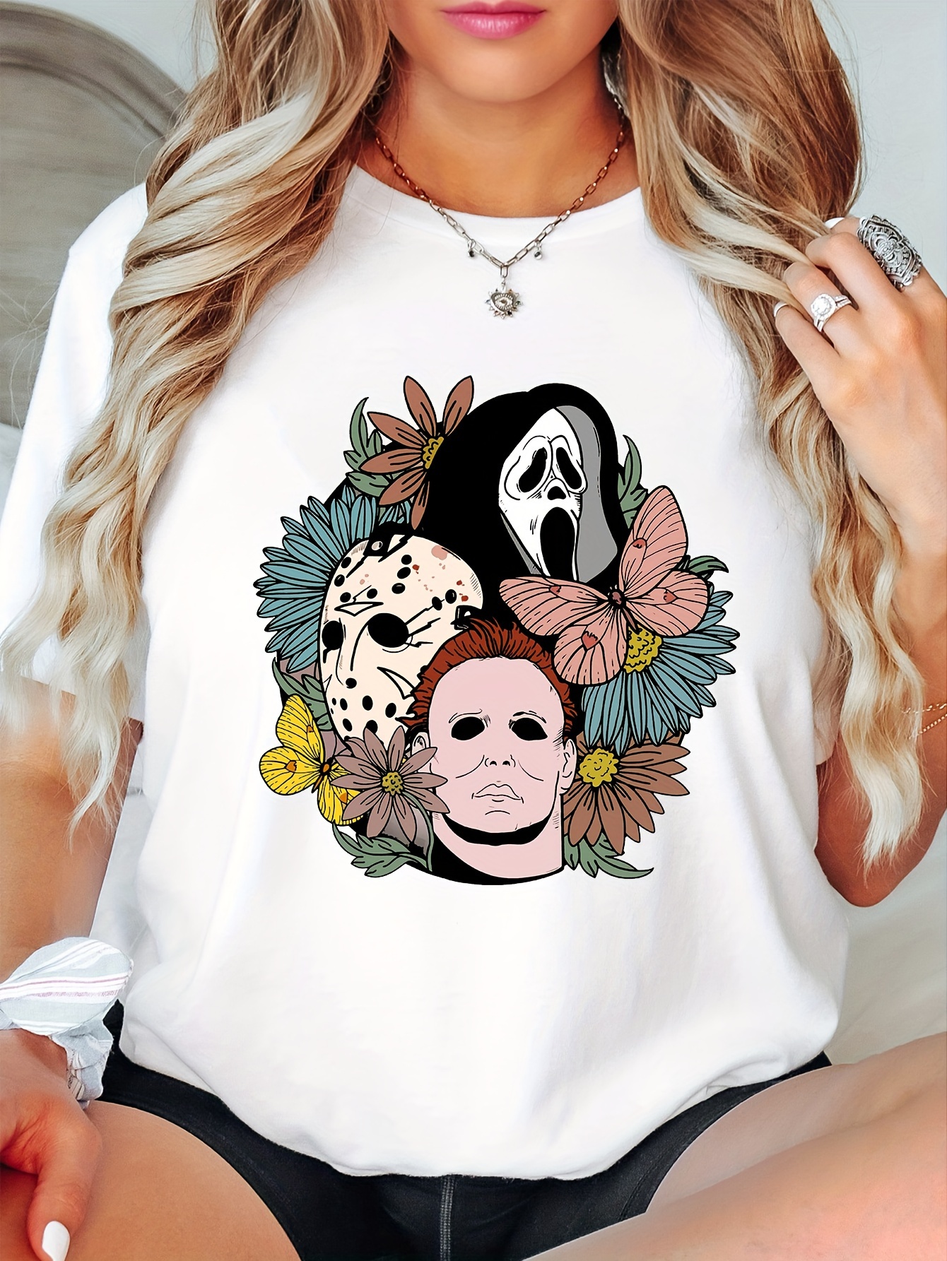 Plus Size Figure & Ghost Print Round Neck Pullover Oversized T-shirt, Women's  Plus Casual Slight Stretch Graphic Tee - Temu