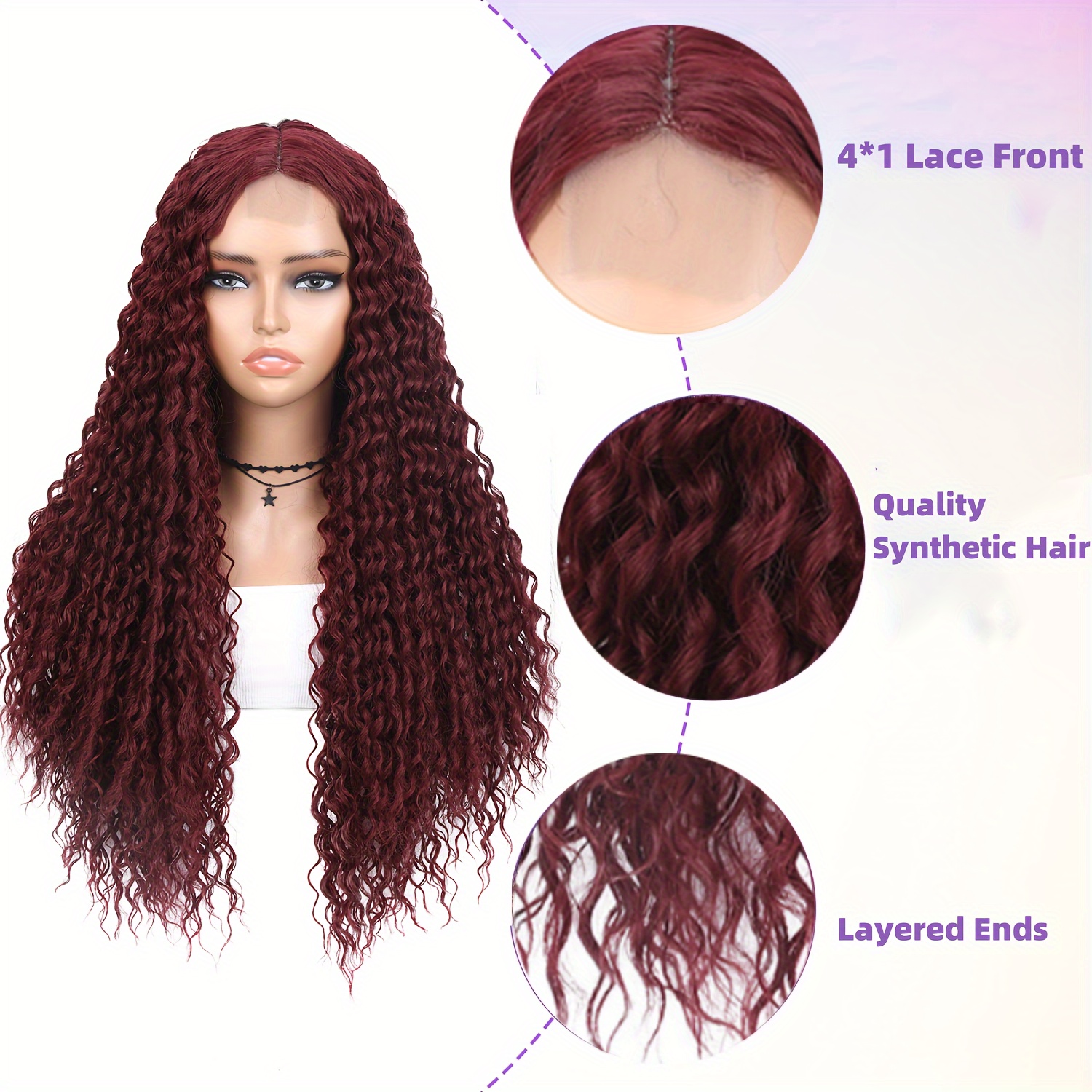 Synthetic Burgundy Deep Wave Lace Wigs 4 1 Hd Transparent Temu