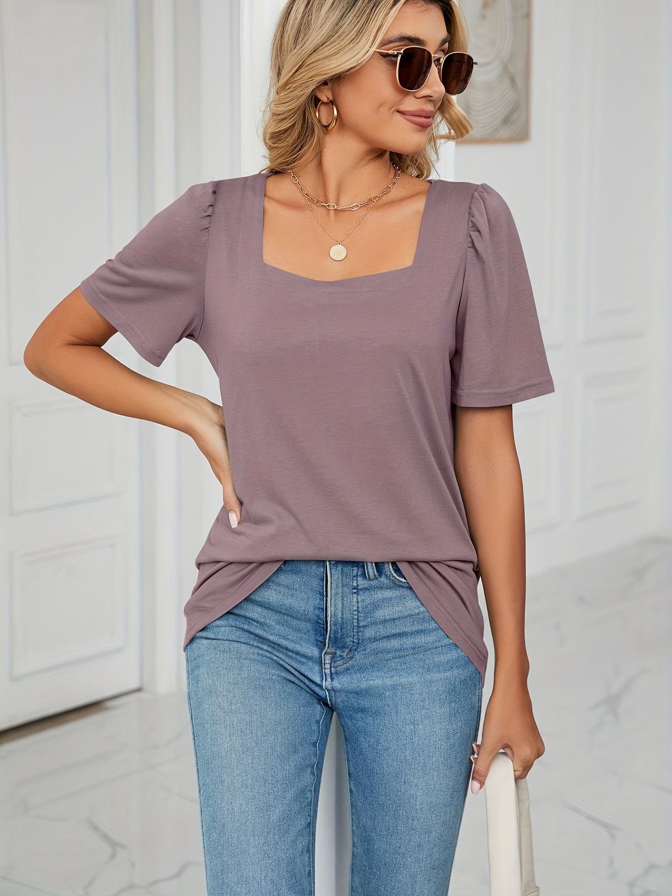 Blusa lisa com decote chanfrado blusa casual de manga curta - Temu Portugal