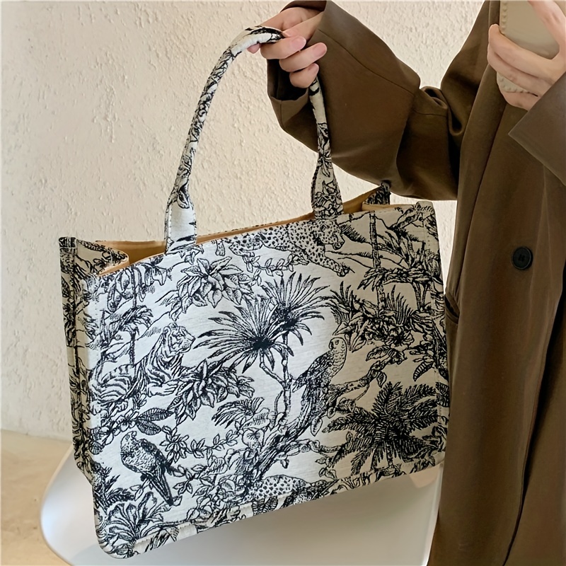 Jungle Animal Plant Graphic Tote Bag, Large Capacity Canvas Shoulder Bag,  Portable Double Handle Beach Bag - Temu