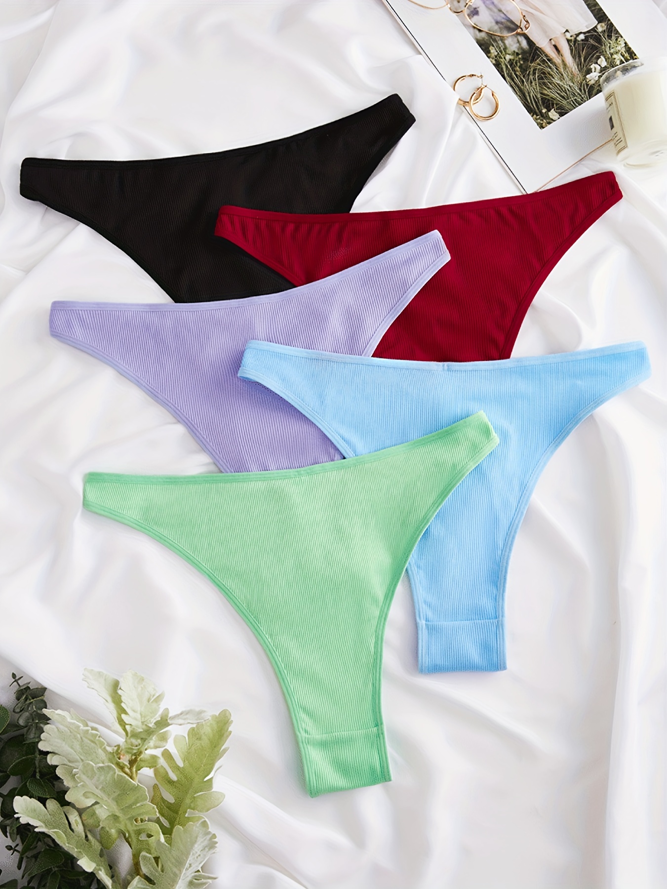 Women's 5pack Ribbed Thong Underwear Briefs Panty Set 