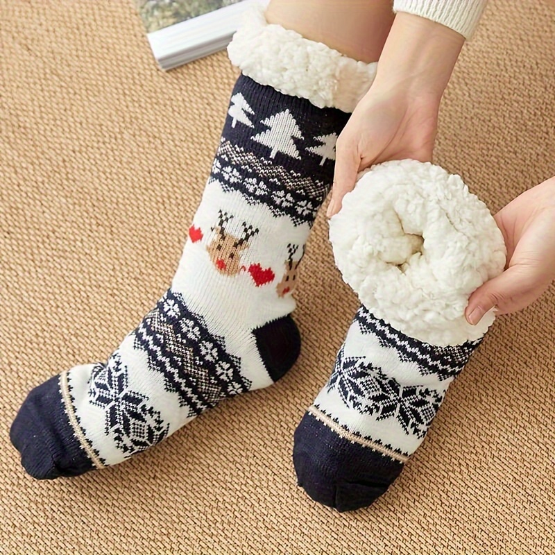 1 Pair Ladies Winter Warm Sherpa Lined Knitted Slipper Socks Non-slip Bed  Socks