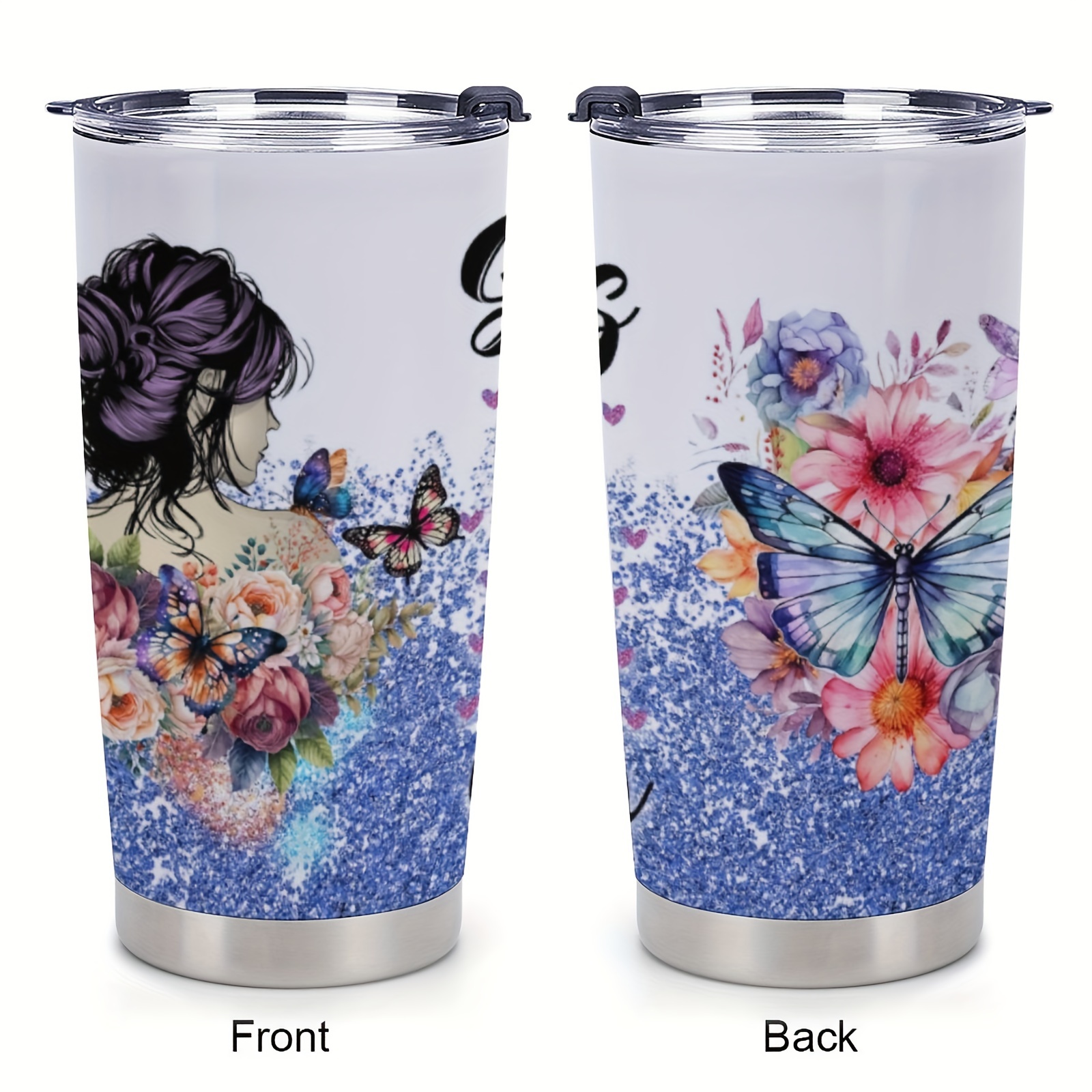 Purple Butterfly Tumbler Cup With Lid Stainless Steel Double - Temu