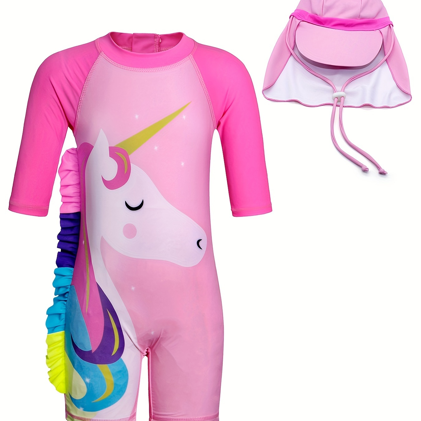 2pcs Toddler Girls Cute Cartoon Unicorn Graphic Raglan Sleeve Back Zipper Quick-drying One Piece Swimsuit & Cap Set Kids Summer Beach Clothes Bathing Suits