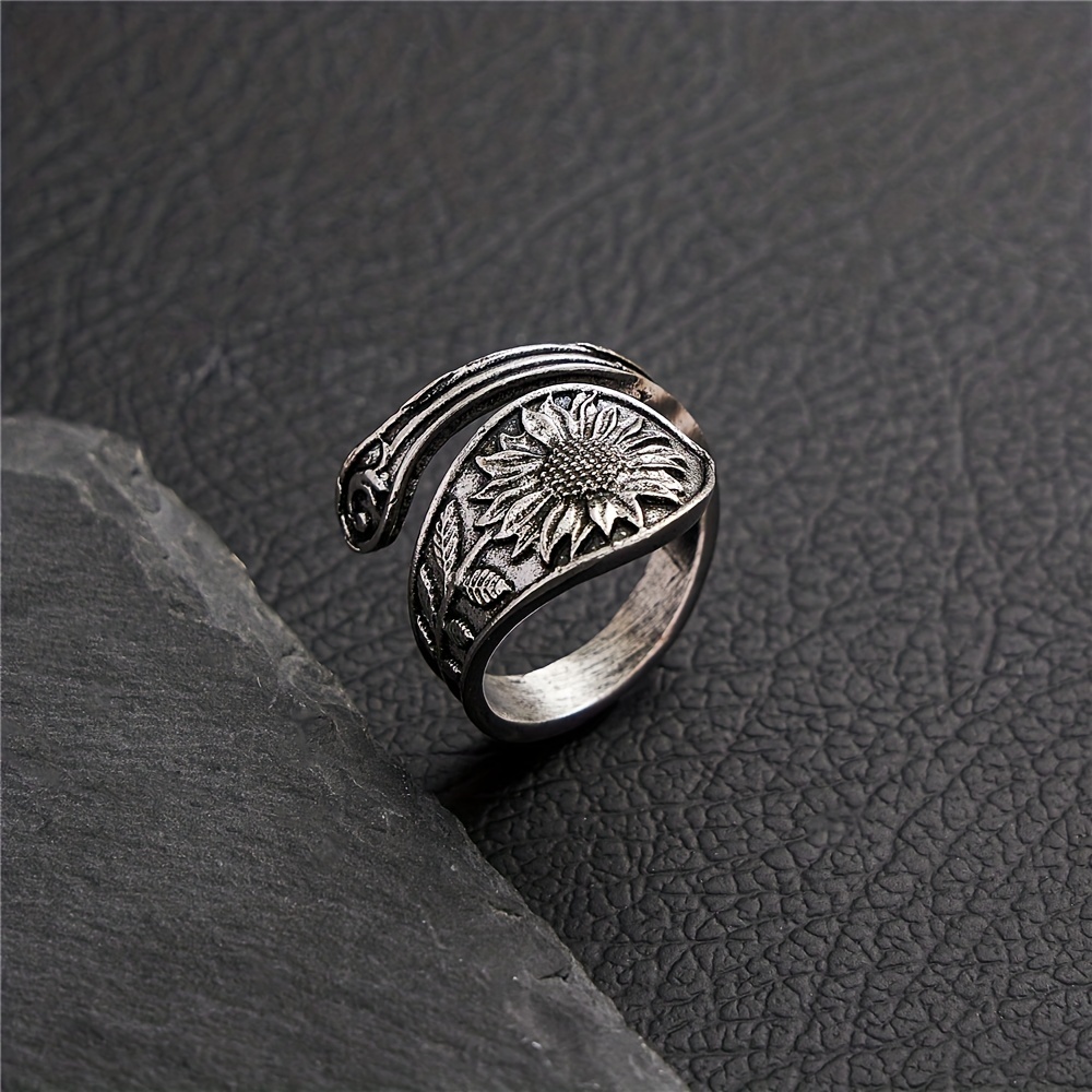 Vintage Carved Ring Flower Dragonfly Sunflower Ring Alloy - Temu