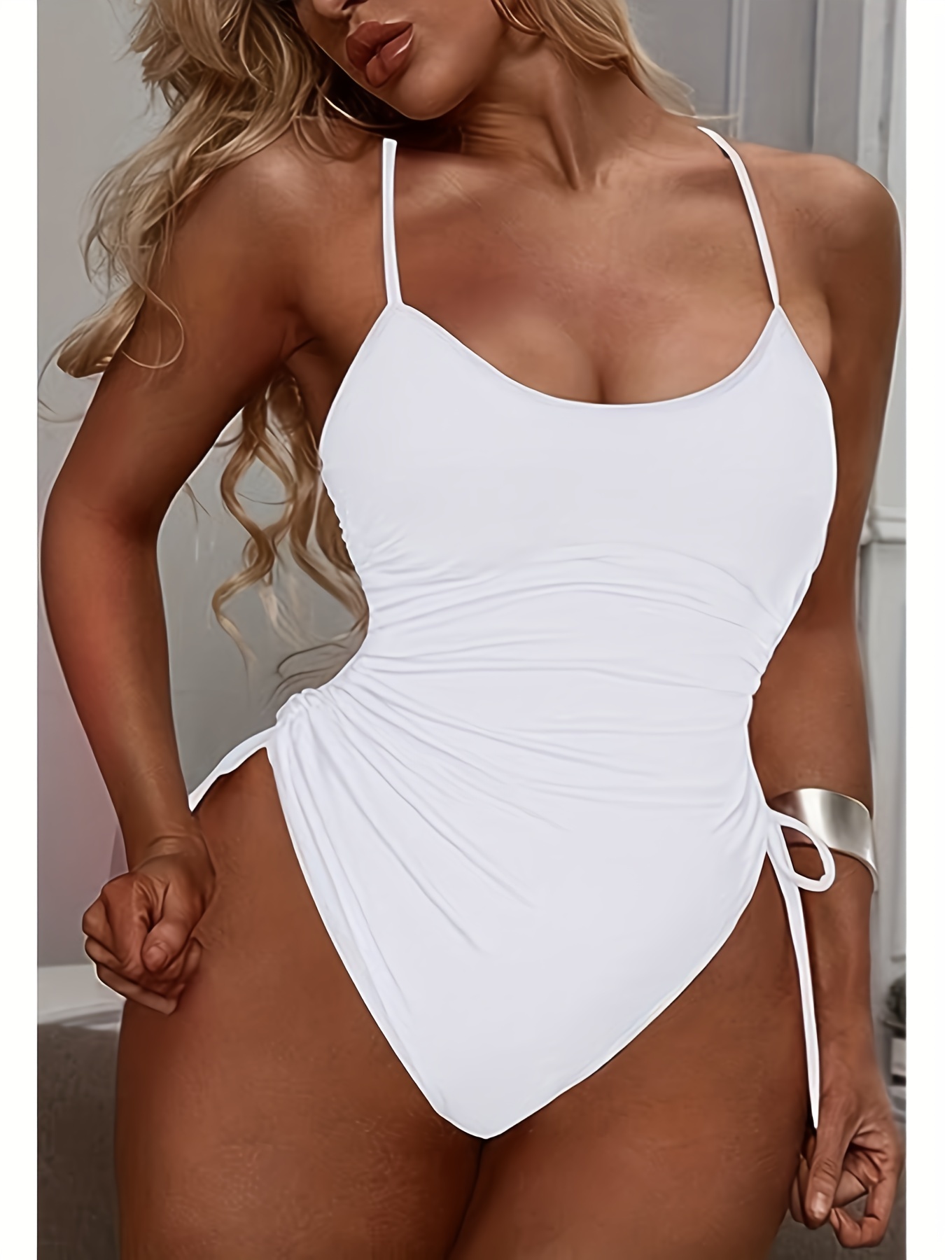 Plus White Scoop Neck Swimsuit