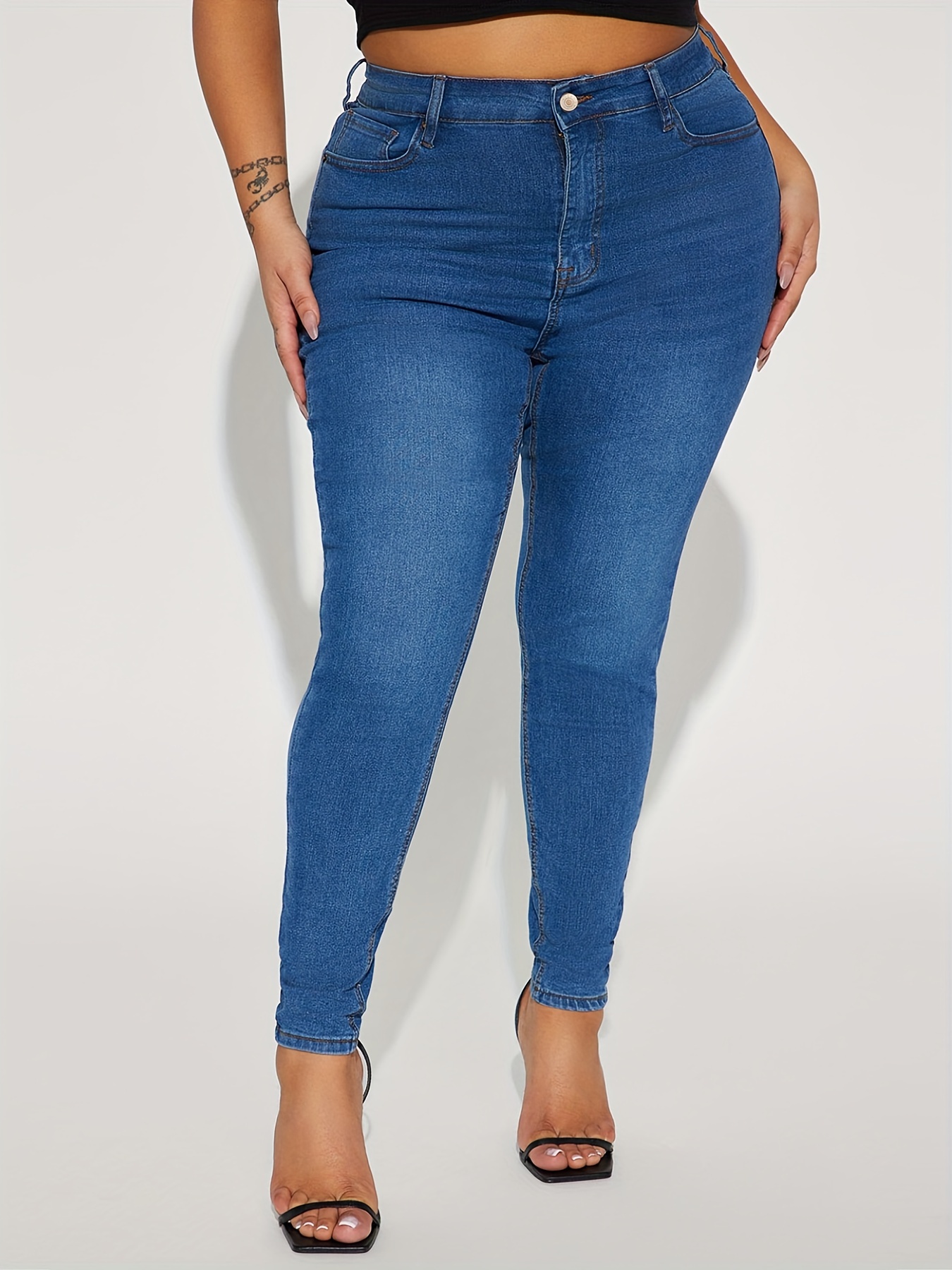 High Rise Curvy Plain Design Lone Skinny Jeans, Pantalones de mezclilla con  dobladillo plisado largo casual, Jeans de mezclilla para mujer, Ropa de mu
