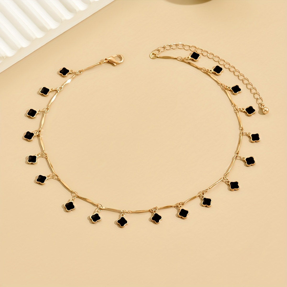 14k Gold Plated Black Clover Bracelet with Black Beads