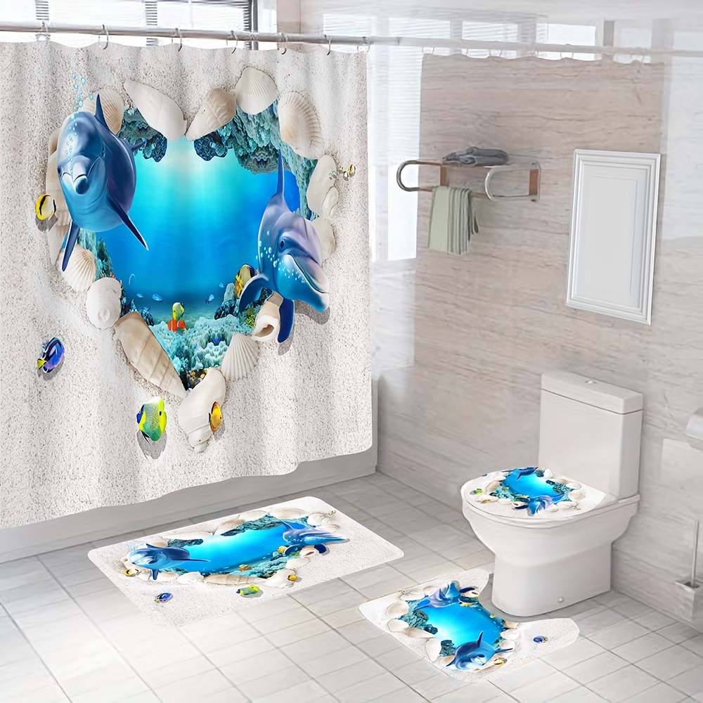 Ocean Pattern Shower Curtain Set, Waterproof Curtain With 12 Hooks,  Non-slip Rug, Toilet Lid Cover, Bath Mat, Bathroom Partition, Bathroom  Accessories, - Temu