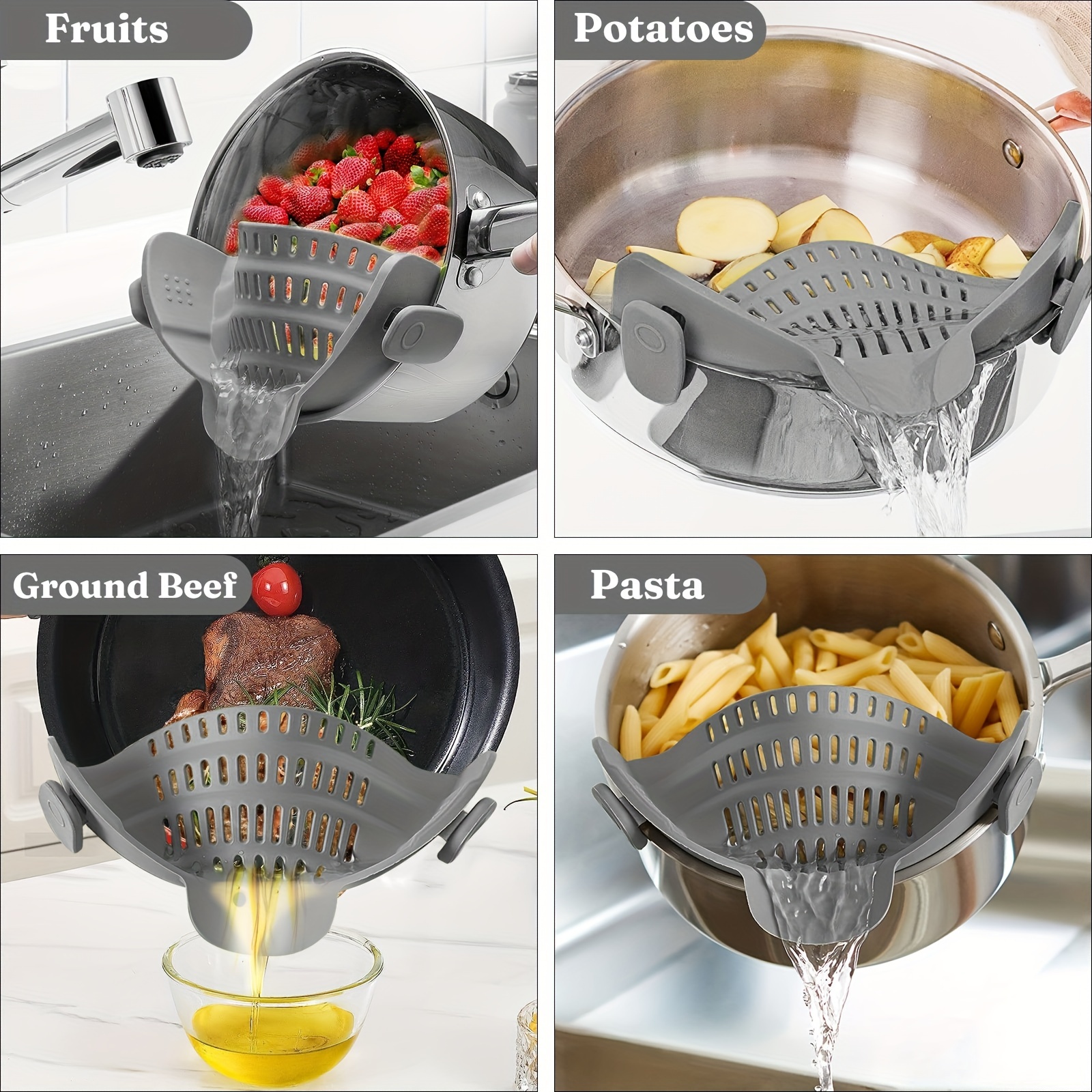 Clip On Passoire Pour Pots & Poêles - Passoire Universelle de Pâtes  Silicone Passoire Alimentaire Pour Spaghetti Viande Fruits Légumes
