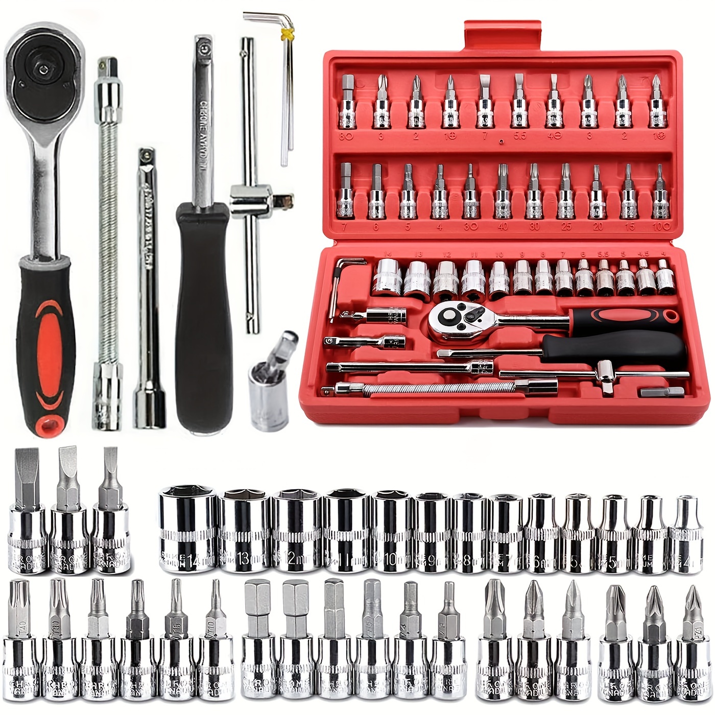 46pcs 1/4 Inch Drive Socket Ratchet Wrench Set, With Bit Socket Set Metric  And Extension Bar For Auto Repairing And Household, With Storage Case
