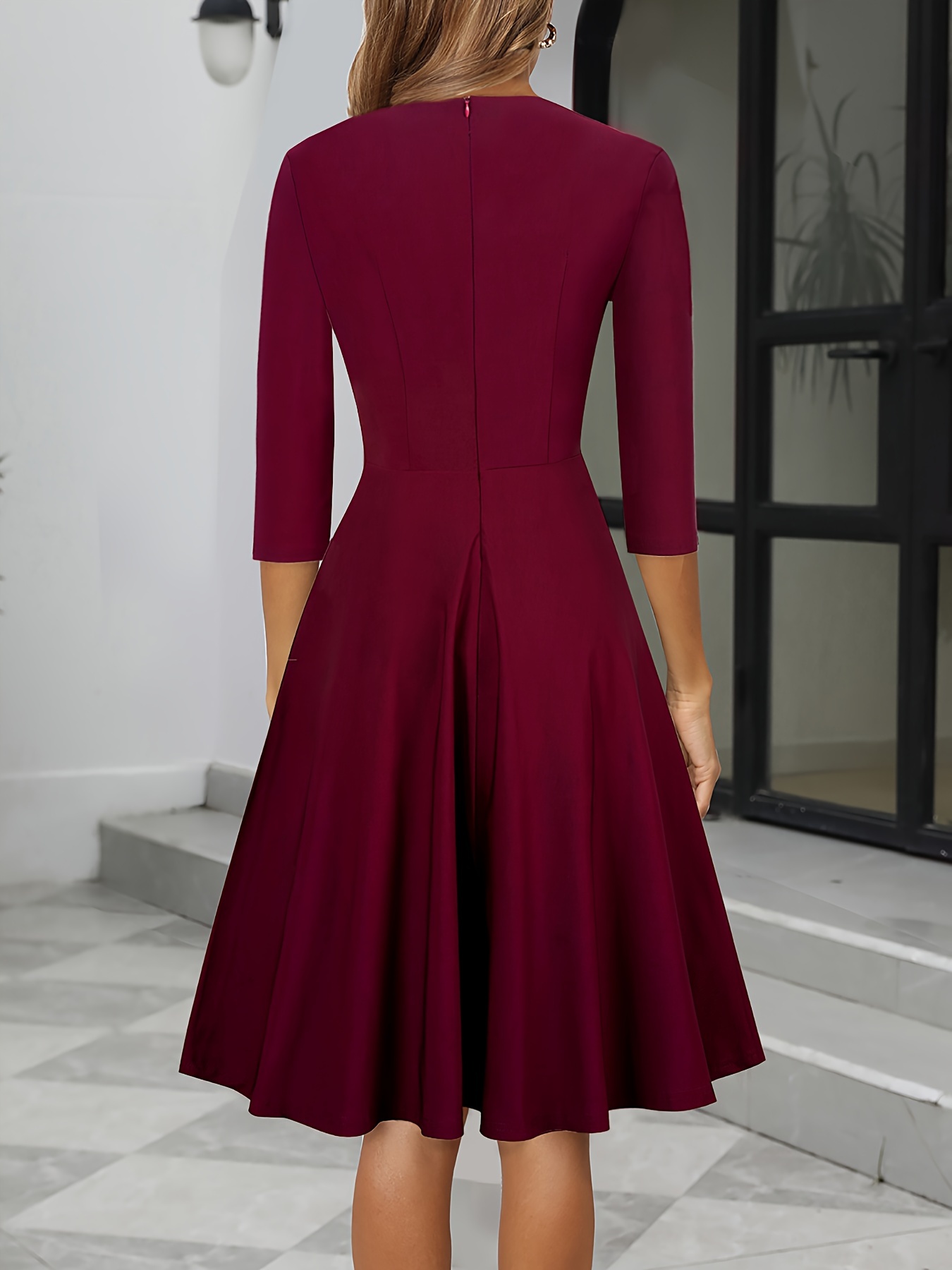 contrast lace a line flare dress elegant crew neck three quarter sleeve dress womens clothing dark red 1